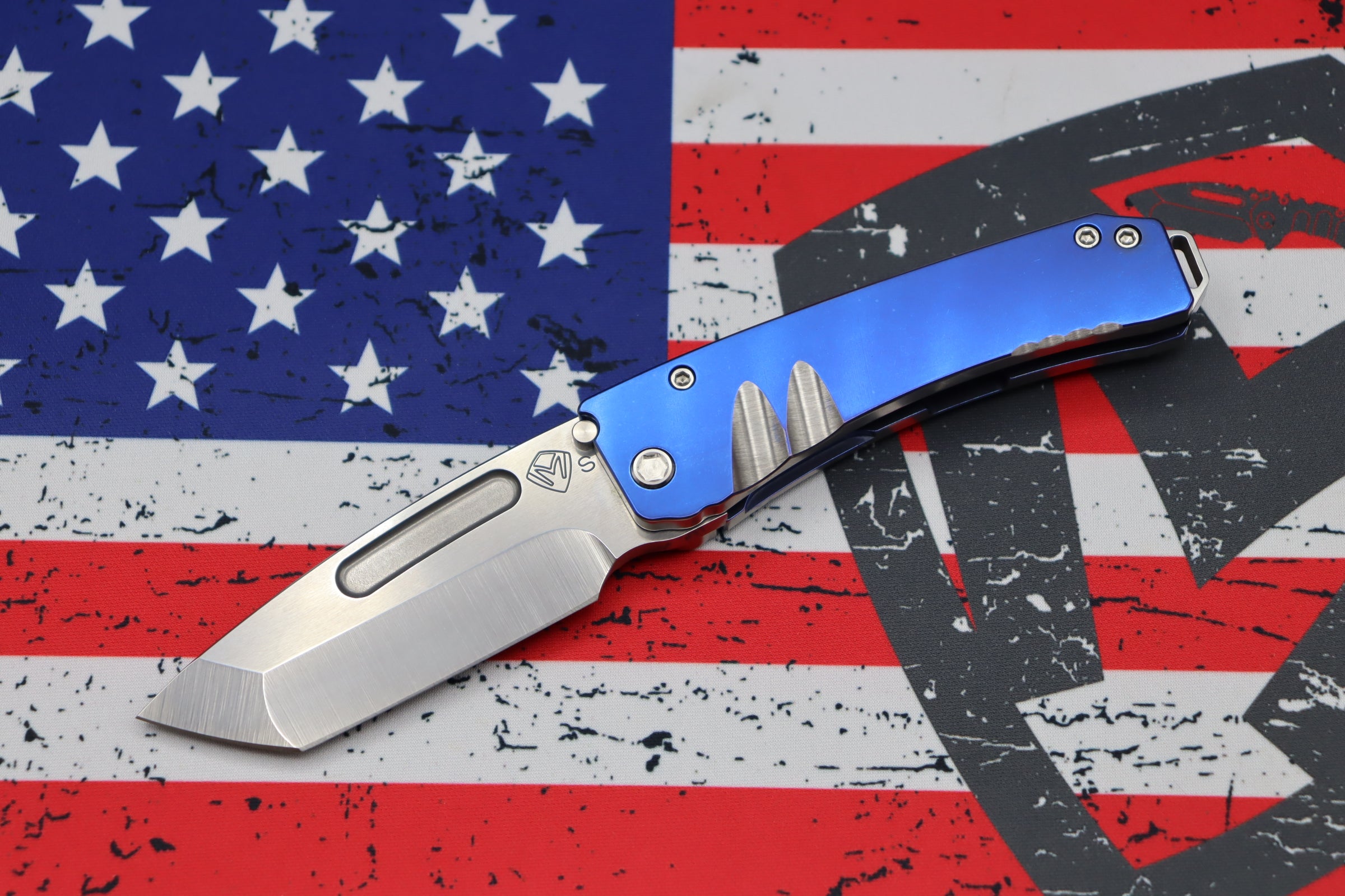 Premium Medford Midi Marauder: S35VN Tanto Blade with Blue Titanium Handles & Brushed Silver Accents