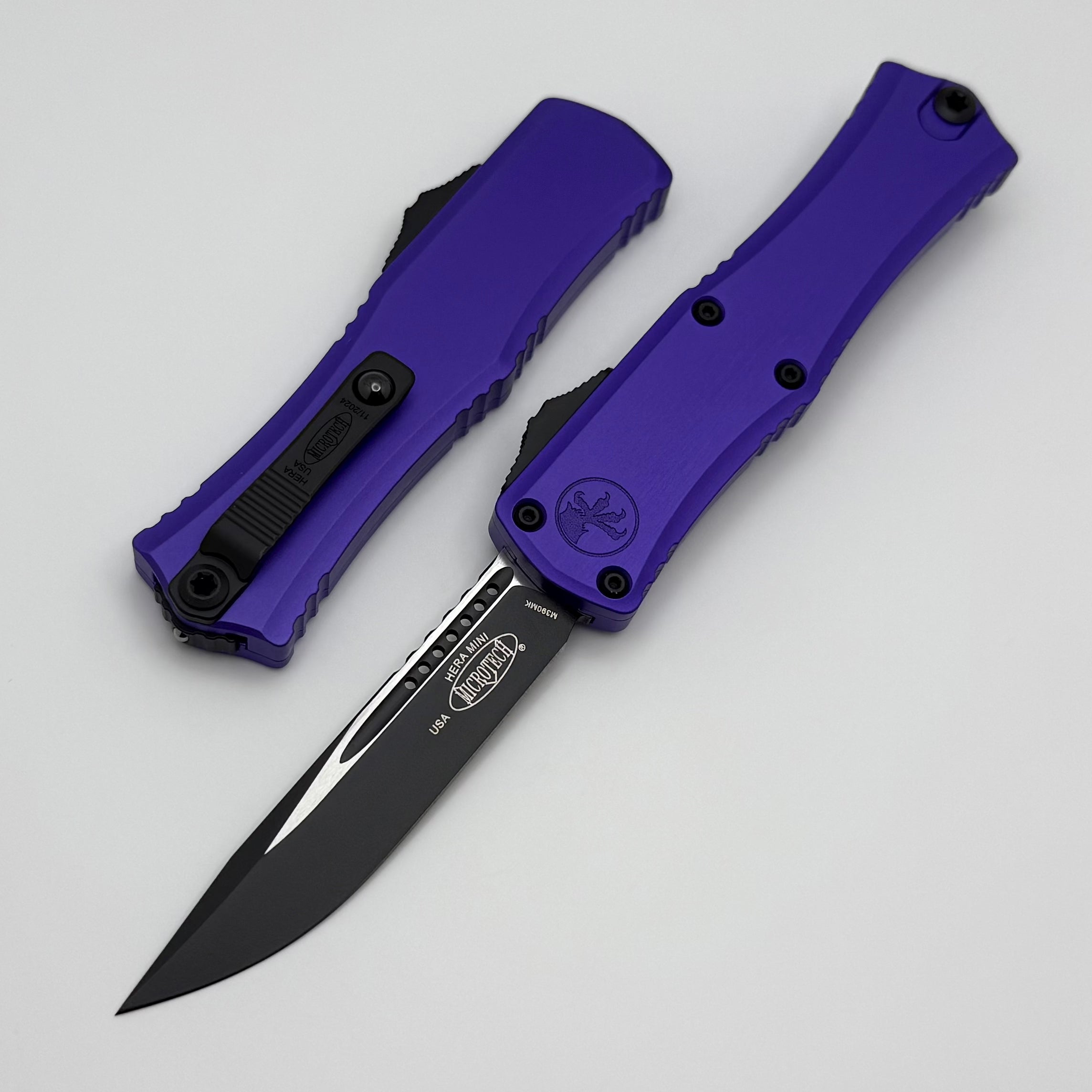 Premium Microtech Mini Hera OTF Knife - Black M390MK Blade with Purple Aluminum Handle