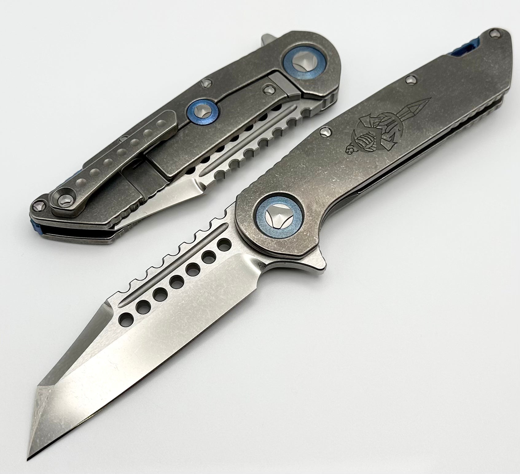 Marfione Custom Warhound Titanium Knife - Premium Stonewash Finish with Deep Engraved Dagger Relief & Blue Accents