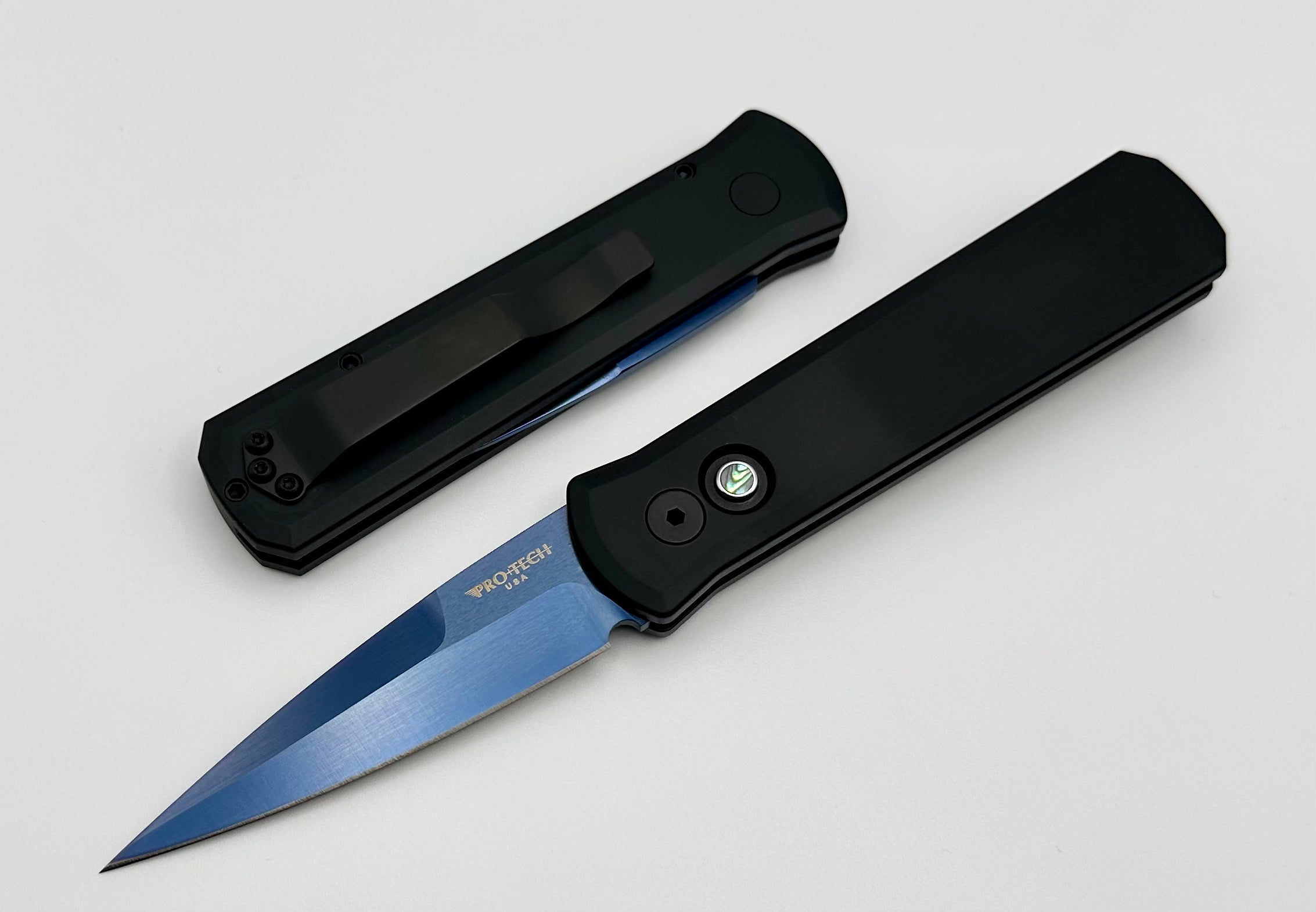 Pro-Tech Godson Premium Automatic Knife - Black Handle with Abalone Button & Sapphire Blue 154-CM Blade