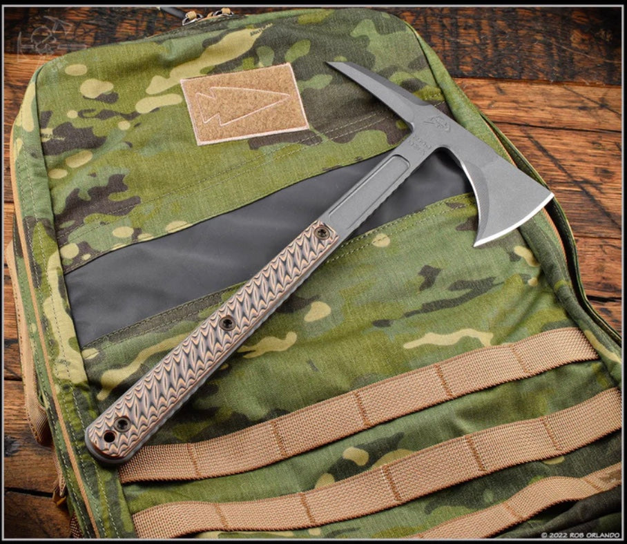 RMJ Tactical Kestrel Feather 80CRV2 Tomahawk - Premium Multi-Tool with Hyena Brown G-10 Handle