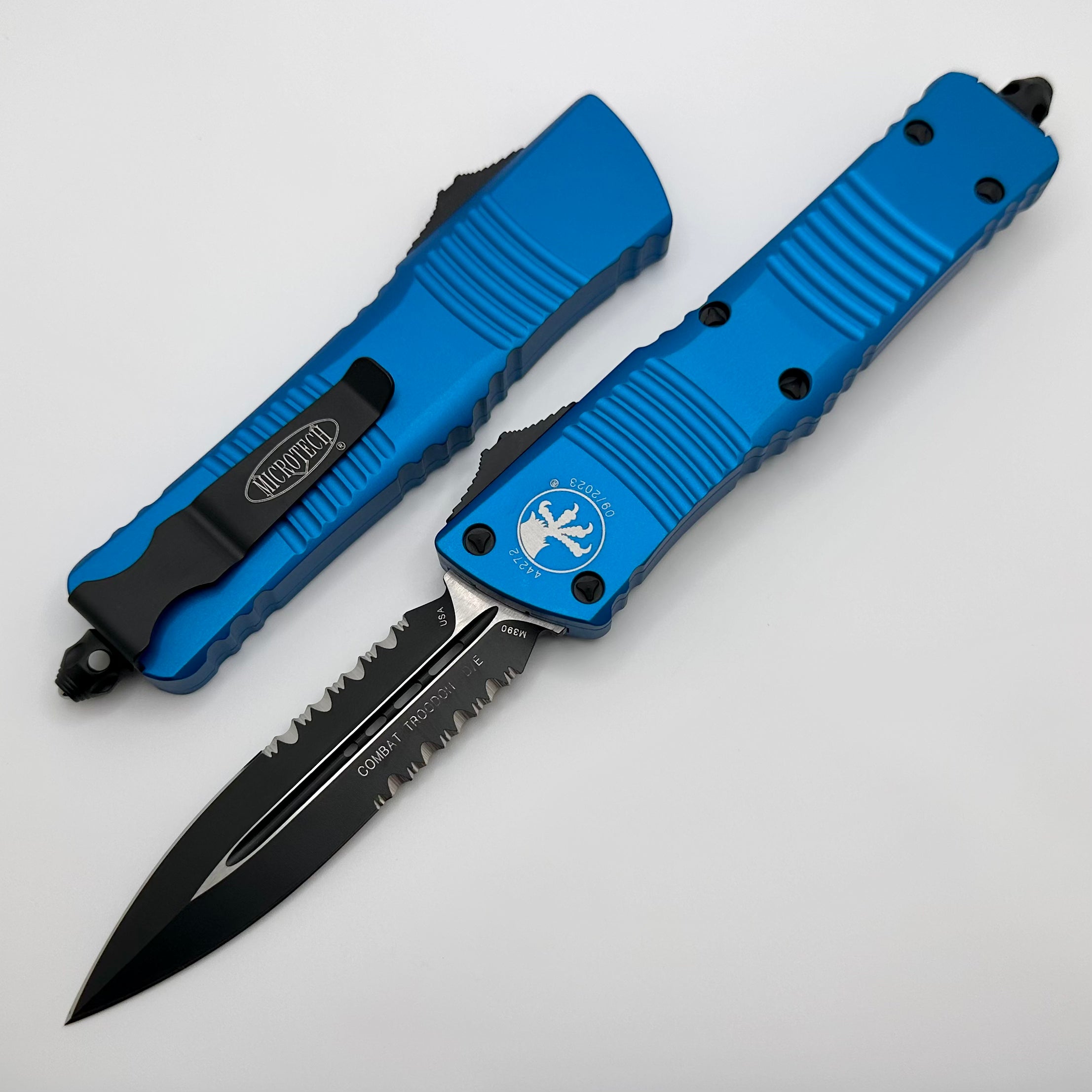 Premium Microtech Combat Troodon D/E Tactical Knife - Black Partial Serrated & Blue