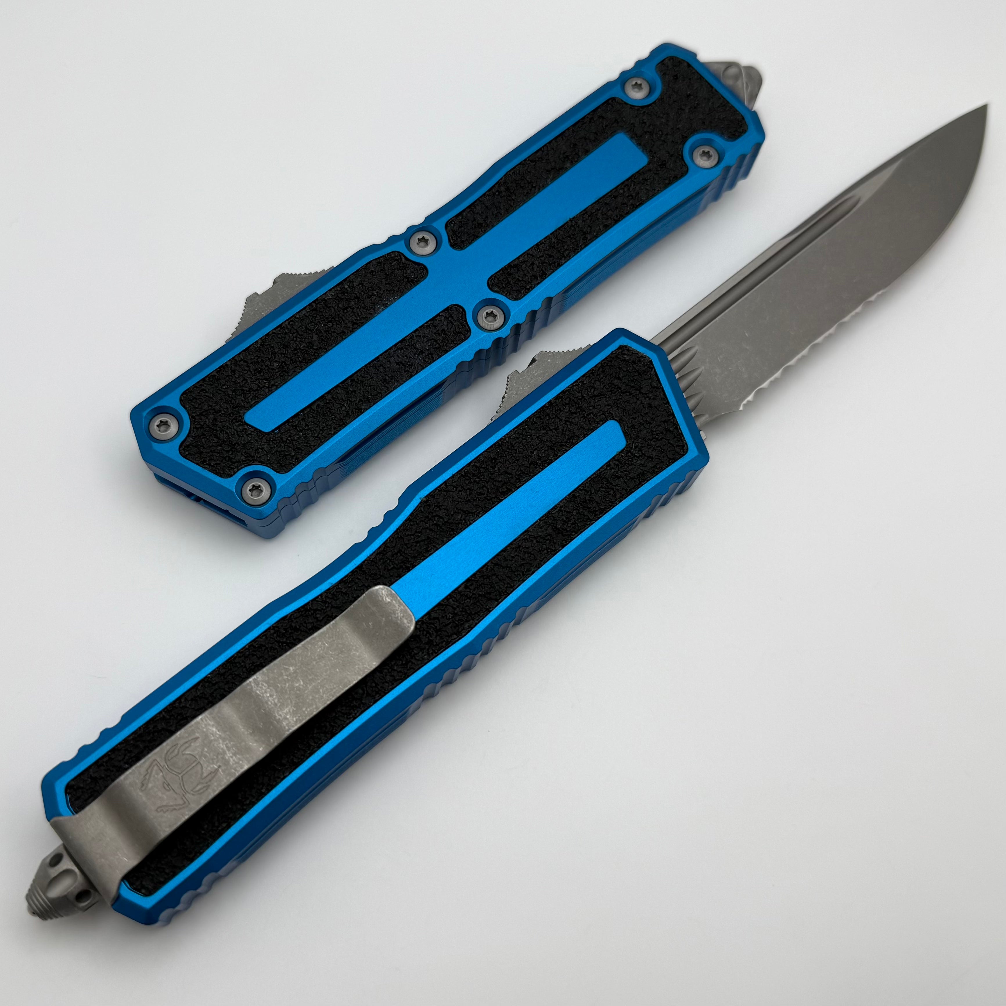 Microtech Scarab 2 Gen 3 S/E Apocalyptic Partial Serrated Knife with Blue Handle - Ultimate Tactical Tool