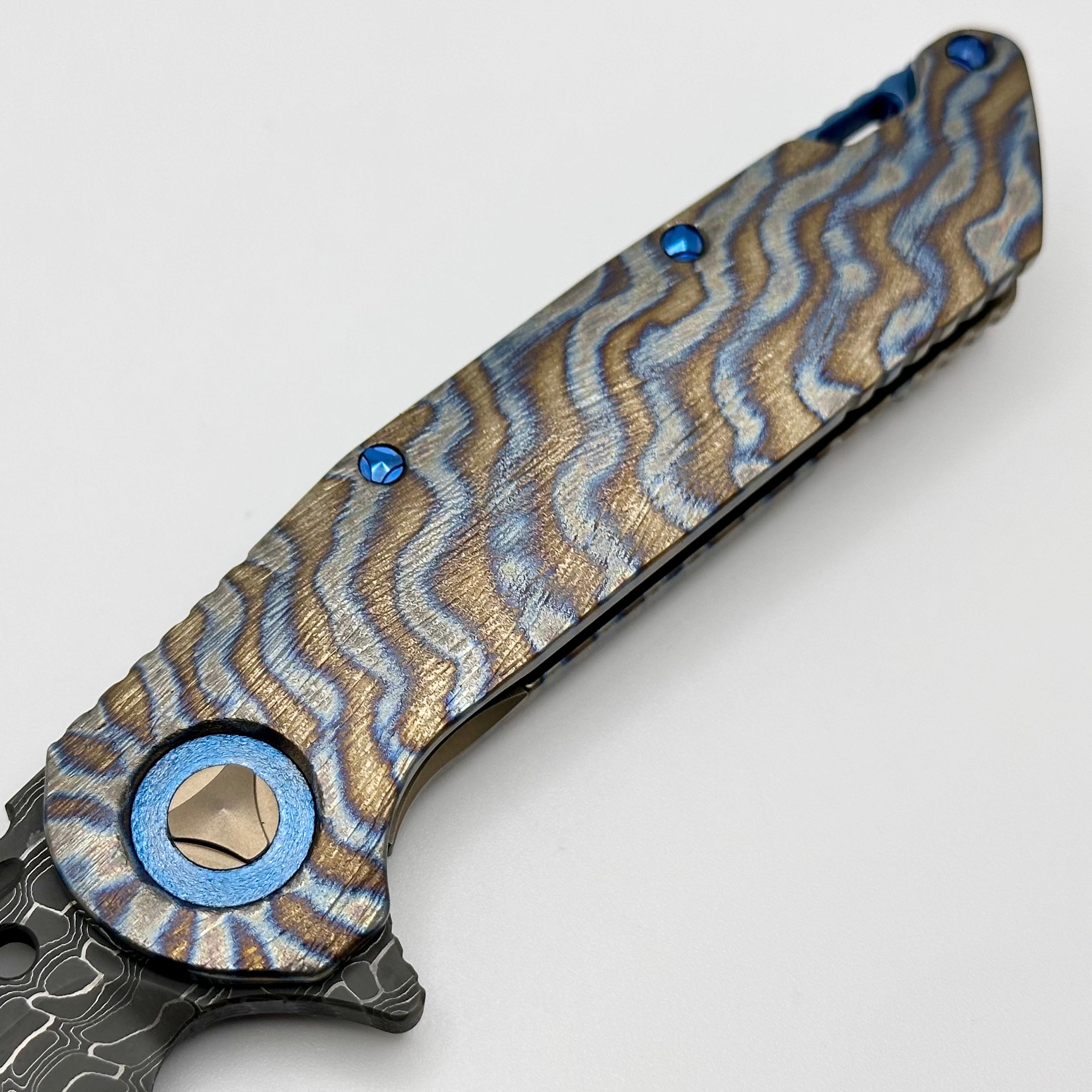 Premium Marfione Custom Warhound Titanium Knife with Blue Ti Hardware & Vegas Forge Reptilian Damascus Blade