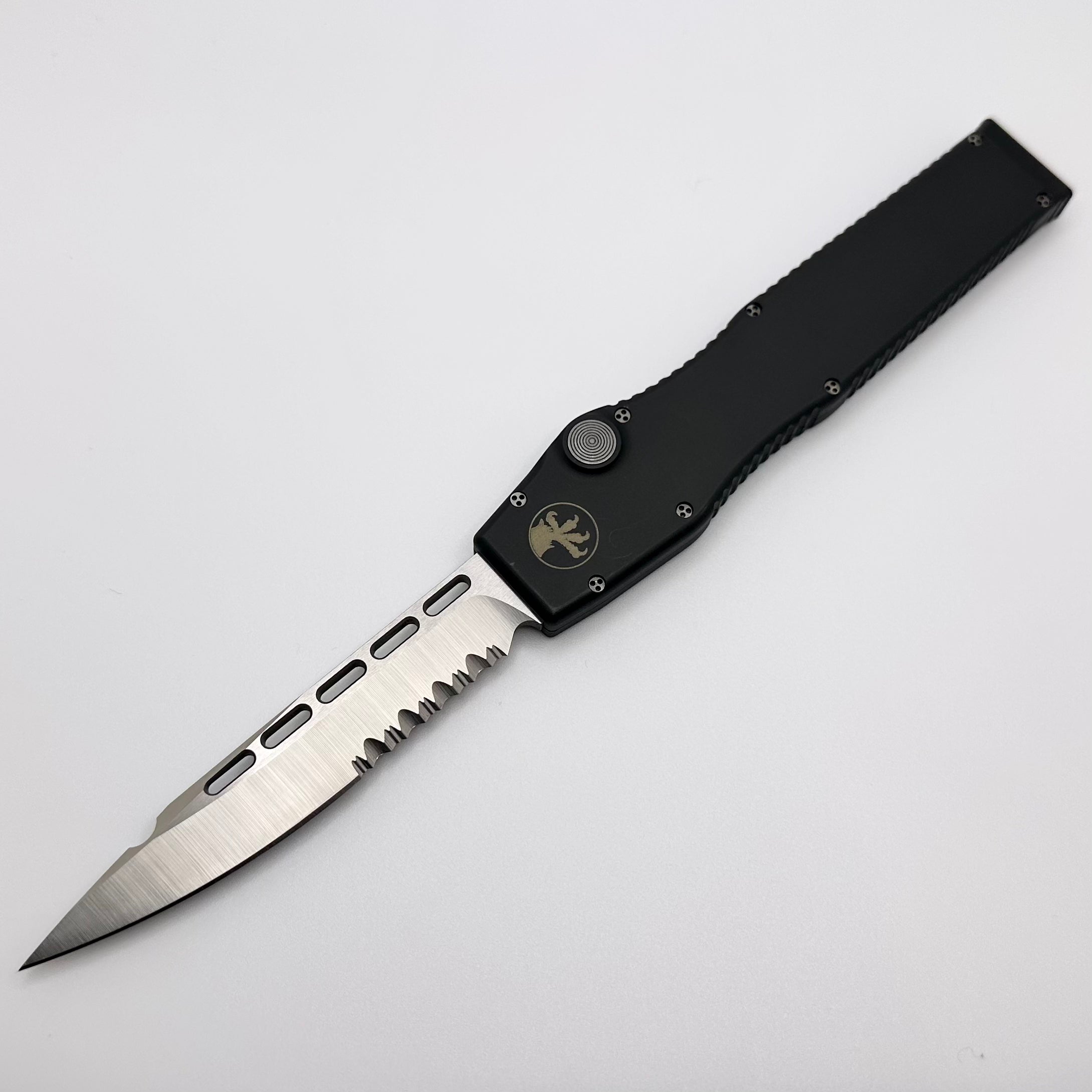 Premium Microtech HALO II Tactical Knife - Black Handle & Satin Partial Serrated Blade (Pre-Owned)