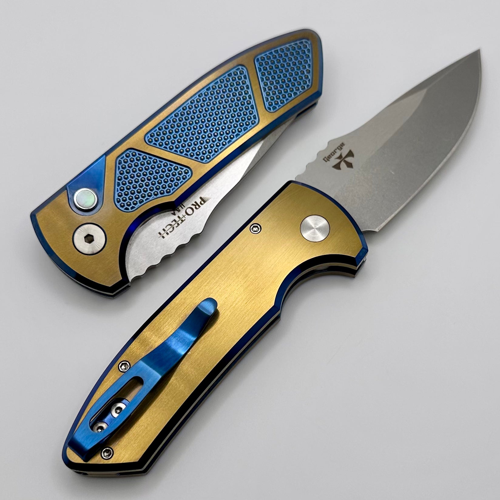 Pro-Tech SBR Ultimate Custom Knife: Blue/Bronze Titanium Handle, Stonewash S35VN Blade