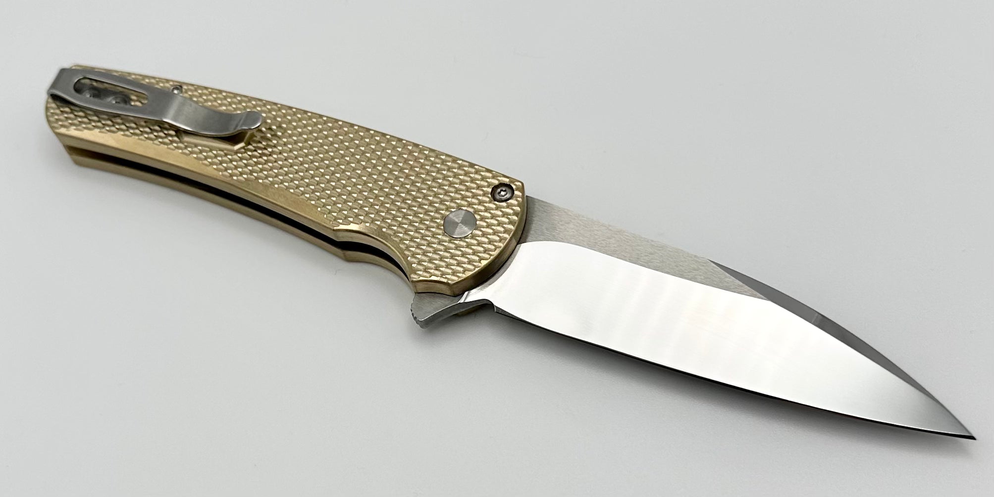 Premium Pro-Tech Malibu Folding Knife: Textured Bronze Handle with Mosaic Button & Mirror Polished Blade