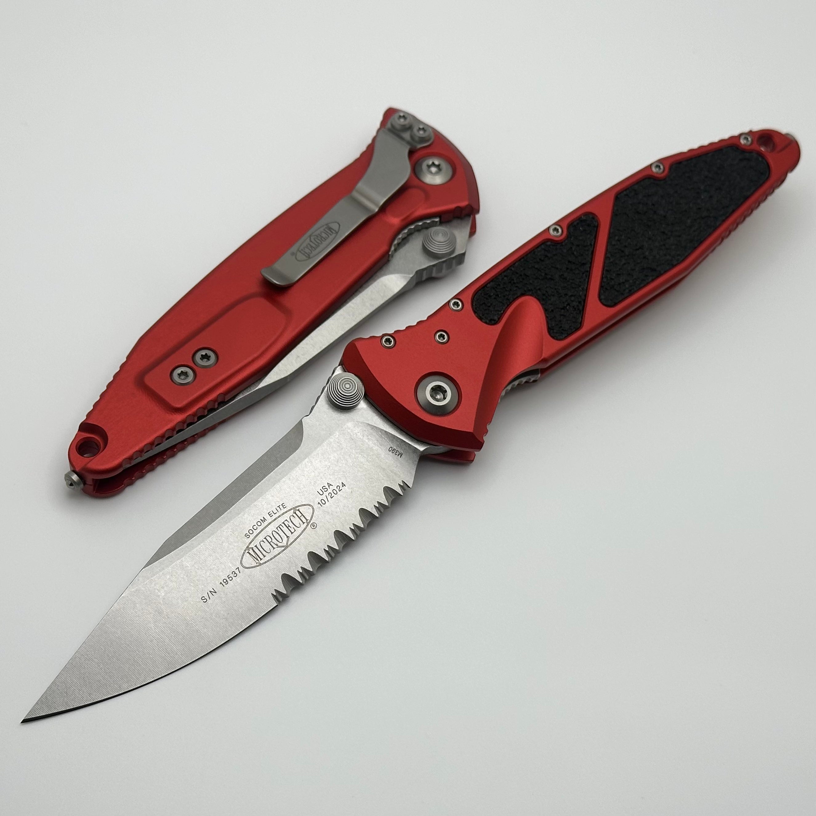 Microtech Socom Elite Tactical Knife - Premium Partial Serrated Stonewash Blade with Red Handle