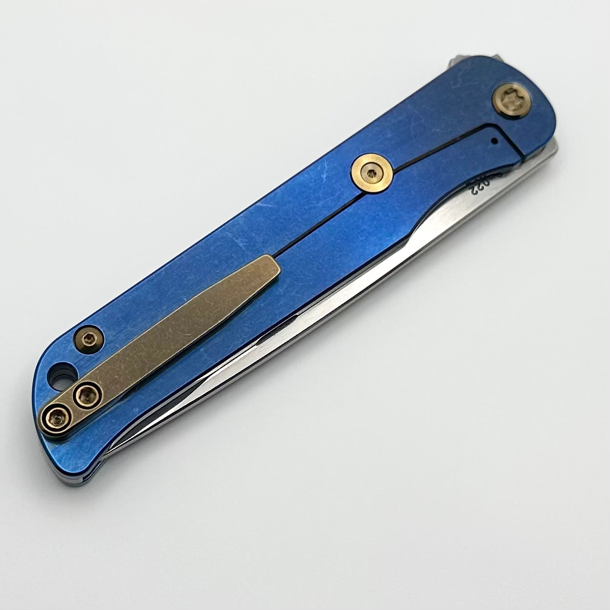 Premium Medford T-Bone Titanium Framelock Flipper Knife - Blue Tumbled Finish with Mosaic Inlays & Bronze Hardware