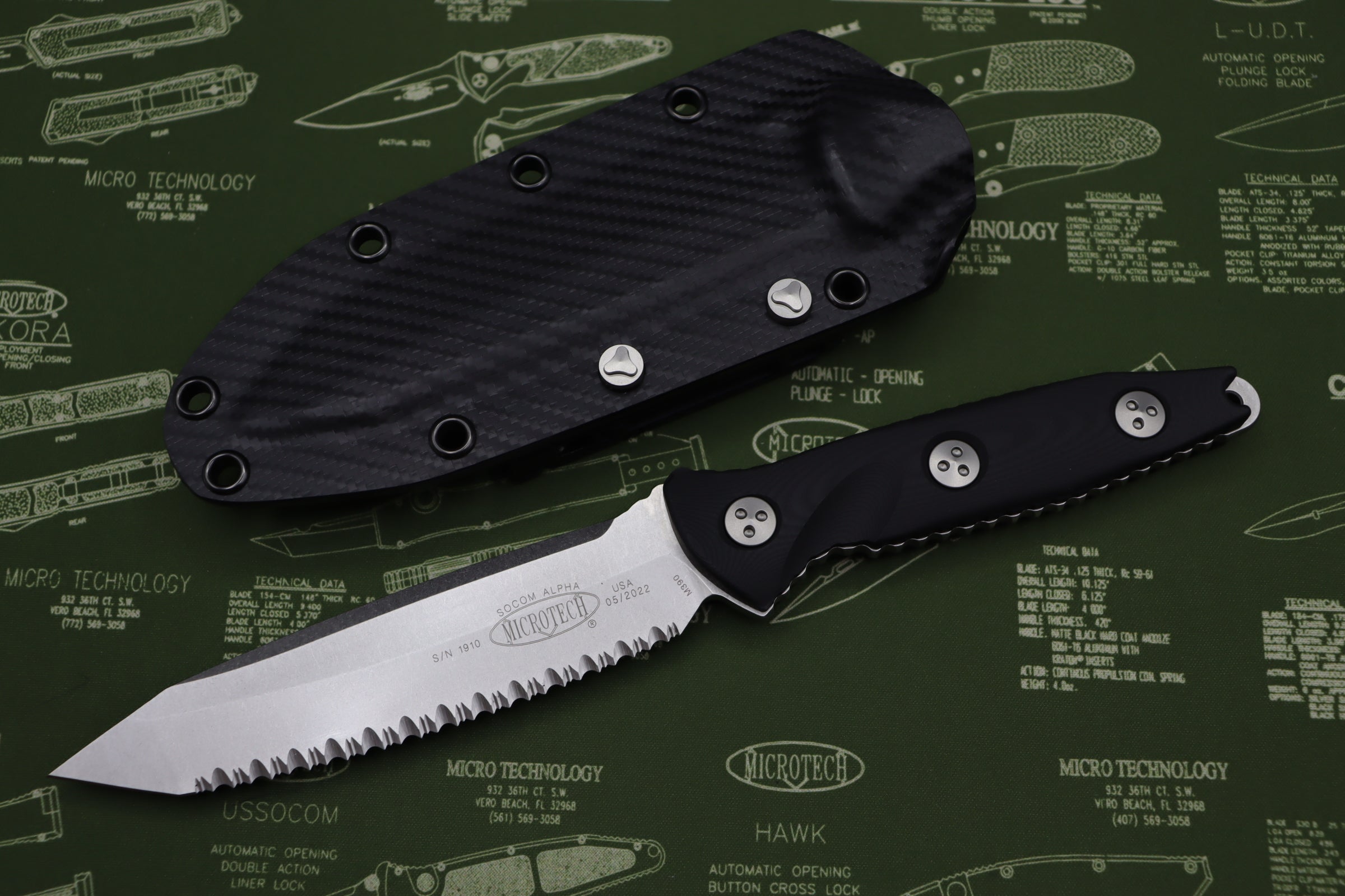 Microtech Socom Alpha Tanto Stonewash Tactical Knife - Fully Serrated M390 Blade