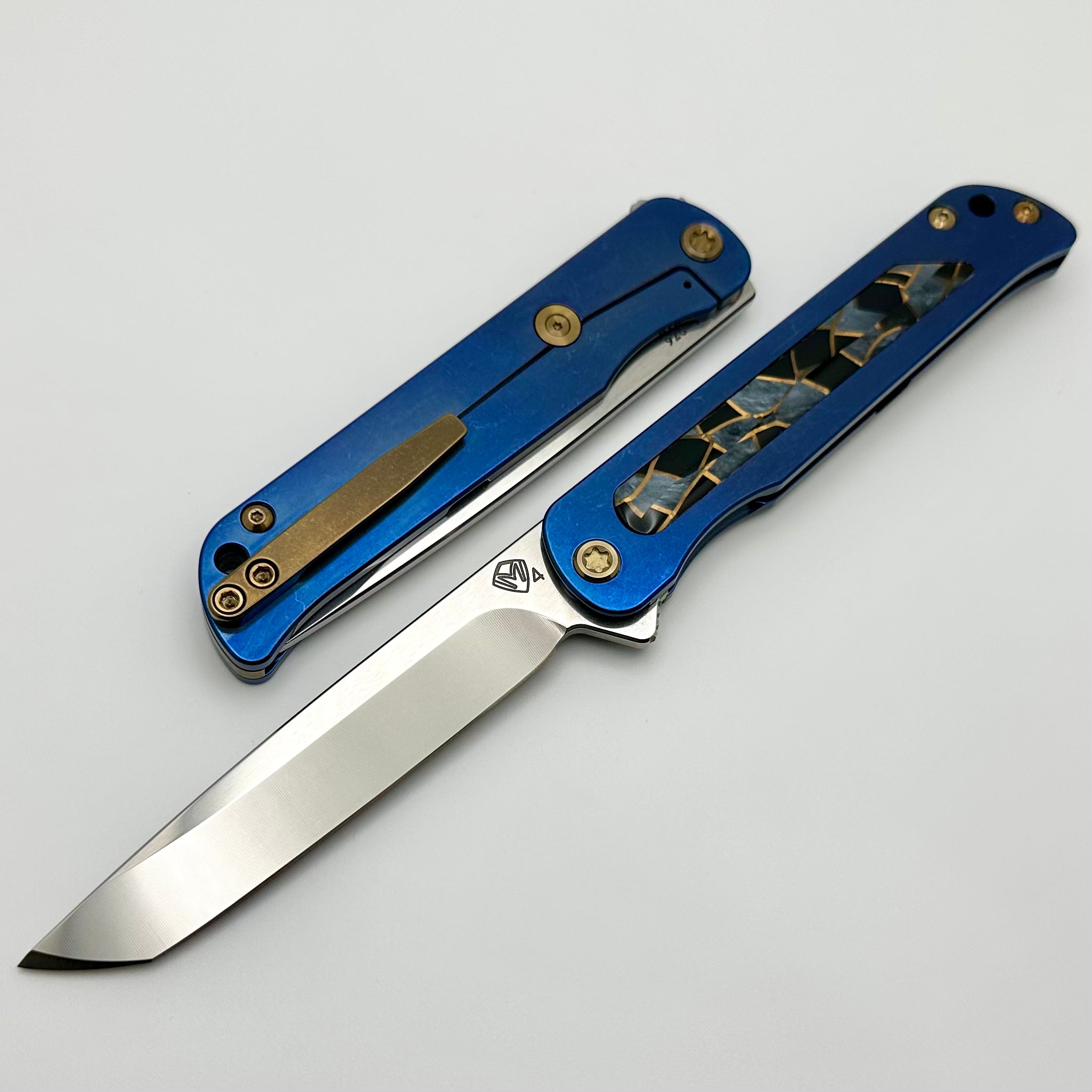 Medford T-Bone Blue Tumbled Titanium Framelock Flipper - Premium S45VN Tanto Blade with Mosaic Inlays