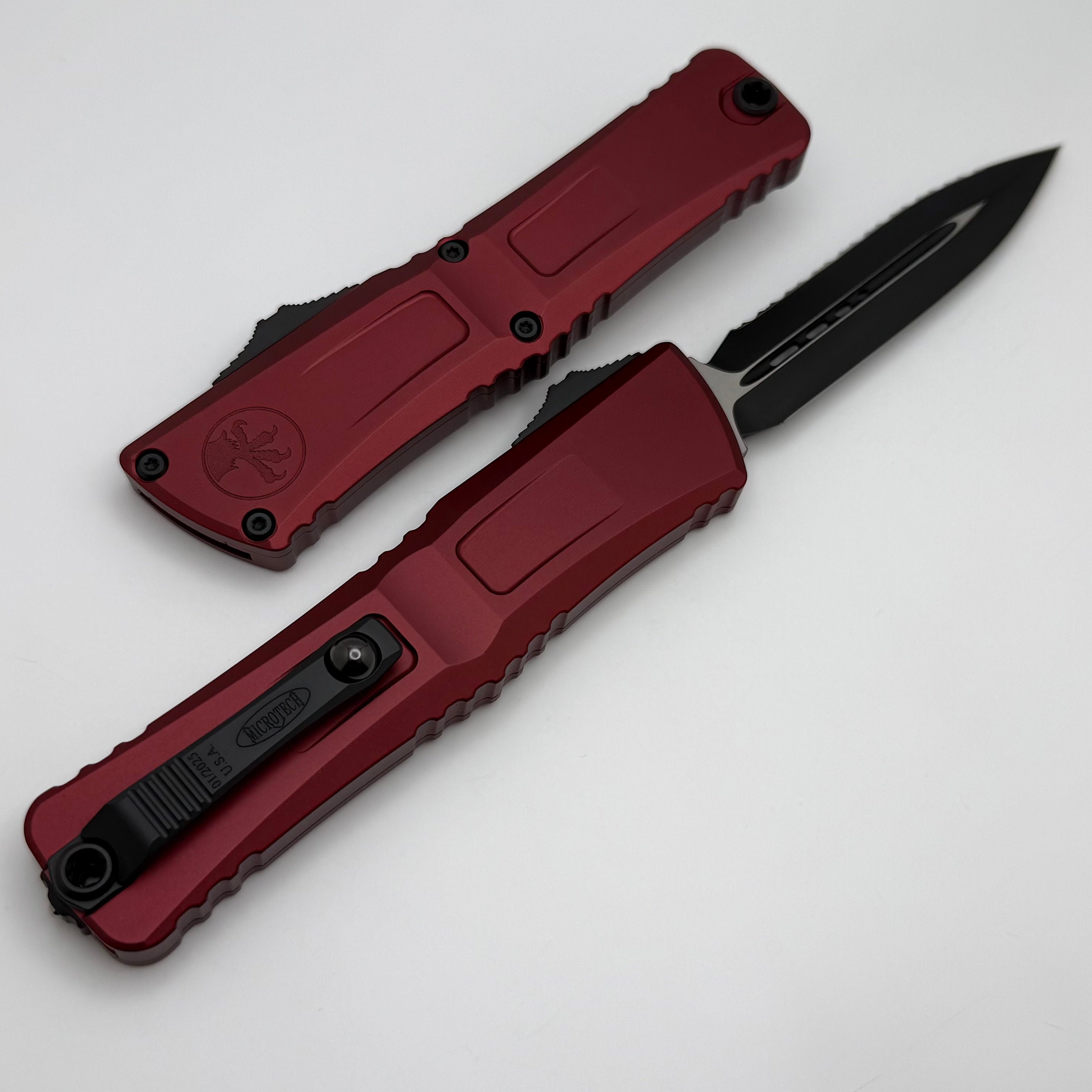 Premium Microtech Combat Troodon Gen III Tactical Knife - Black D/E Full Serrated with Merlot Handle