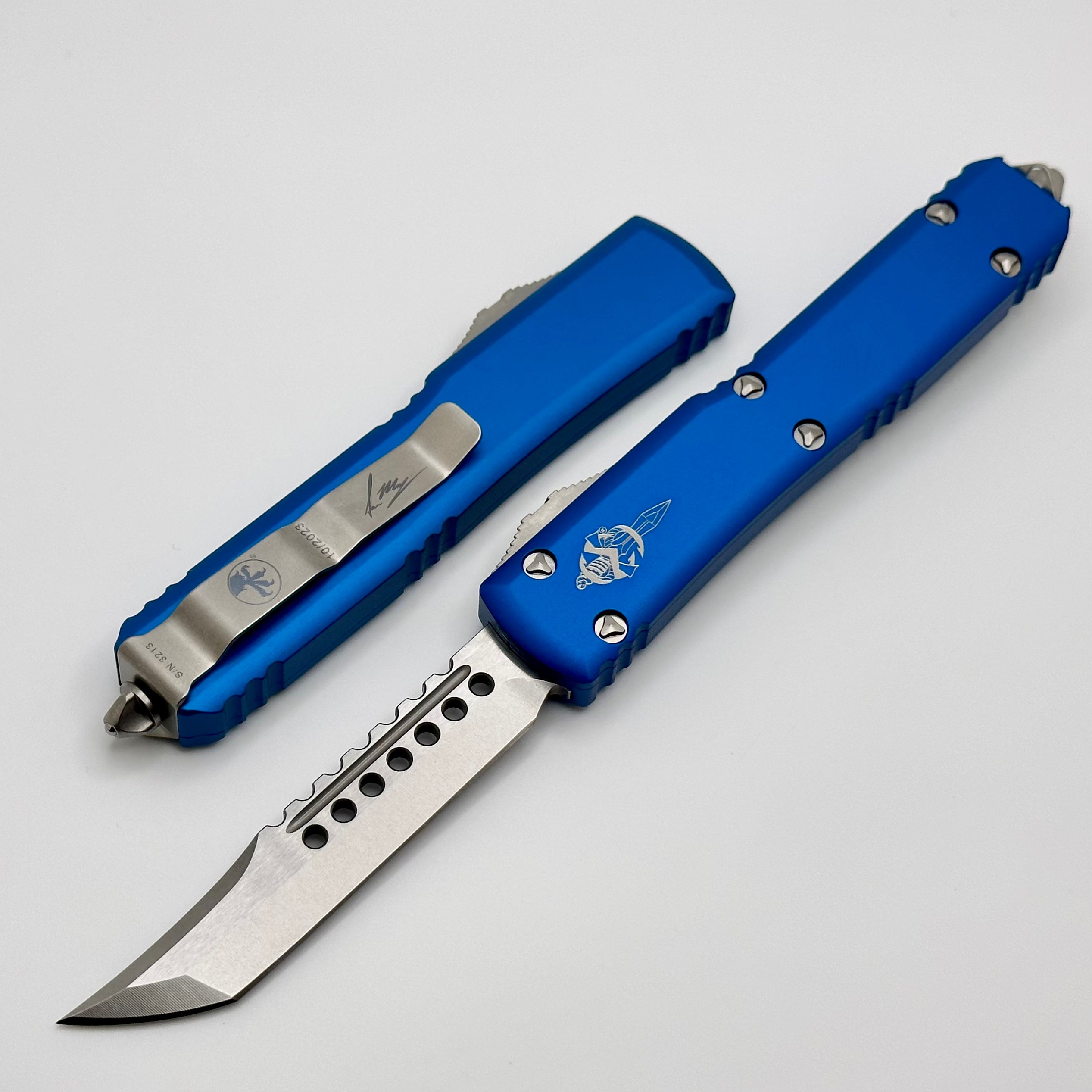 Premium Microtech Ultratech Hellhound OTF Knife - Stonewash & Blue Signature Series