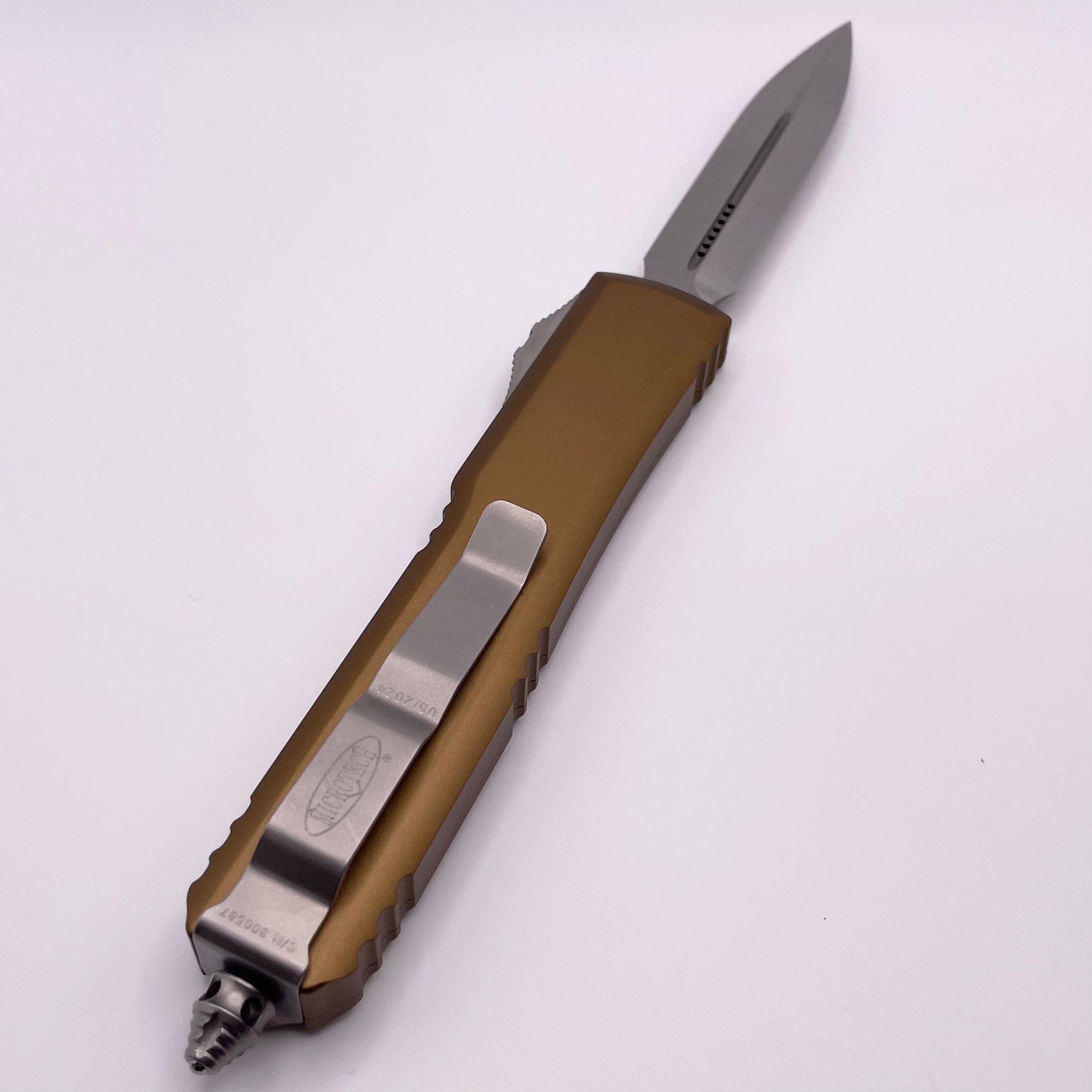 Premium Pre-Owned Microtech Ultratech OTF Knife - Double Edge Stonewash & Tan