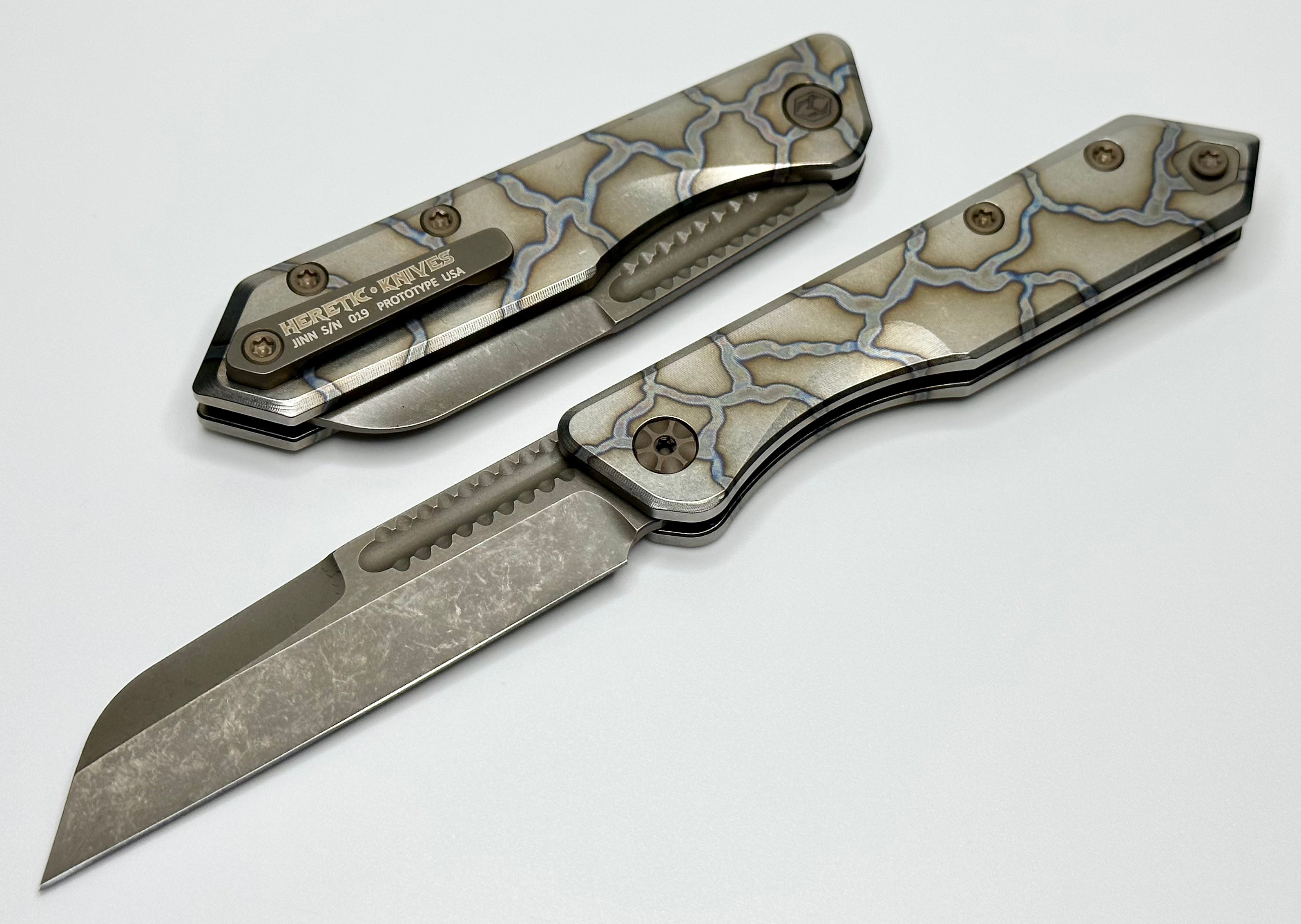 Heretic Knives Jinn Prototype: Premium Flamed Titanium Slip Joint with Bronze Accents & MagnaCut Blade