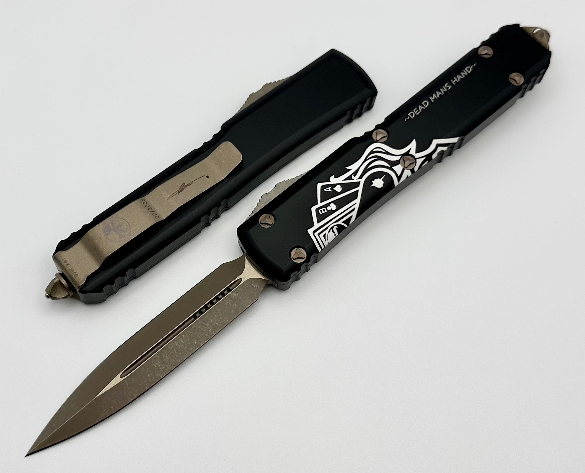 Premium Microtech Ultratech D/E Bronze Apocalyptic Dead Man's Hand Signature Series 122-13DMS - Ultimate Tactical Knife