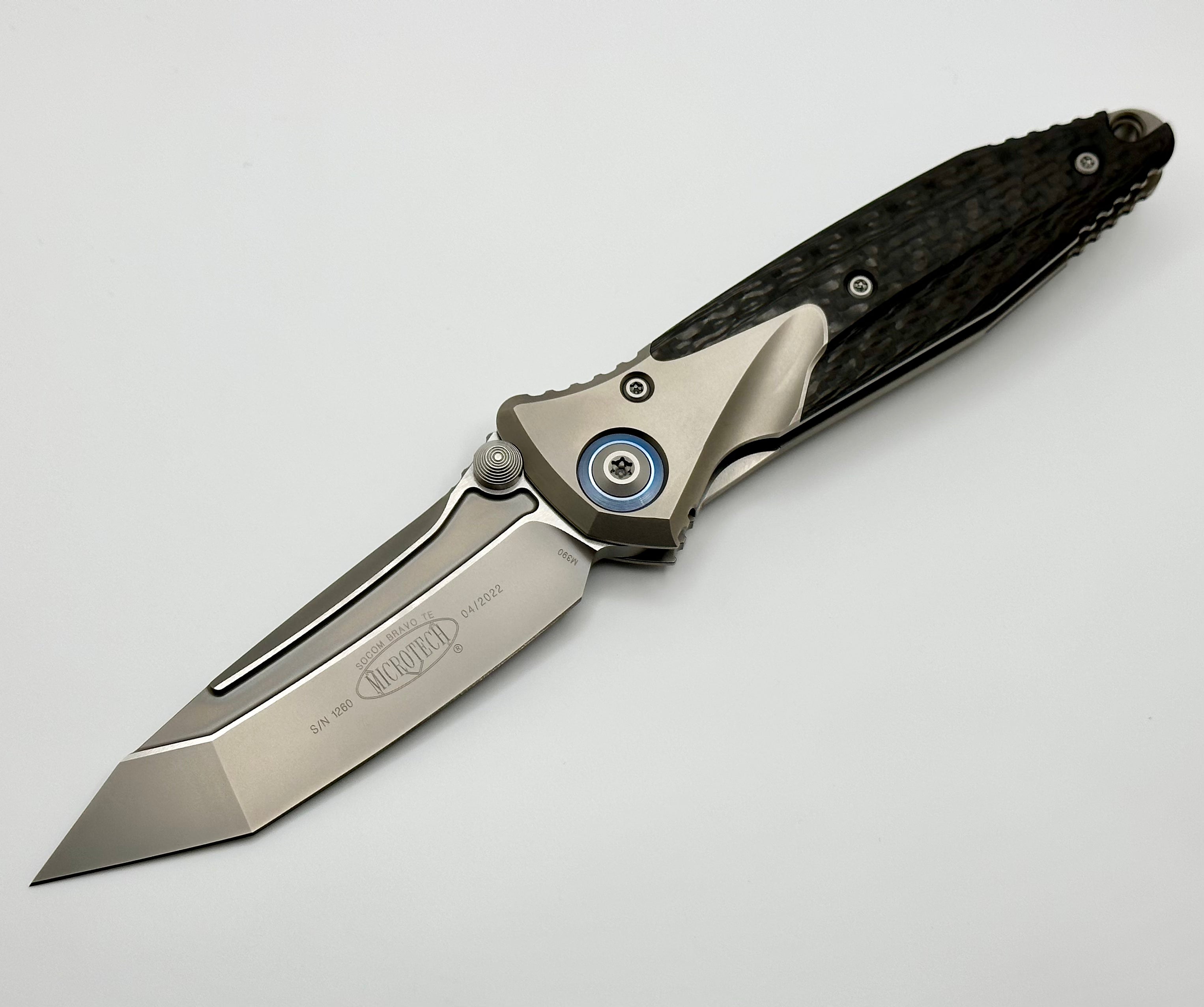 Premium Microtech Socom Bravo T/E Tactical Knife with Blue Titanium Pivot & Carbon Fiber Handle