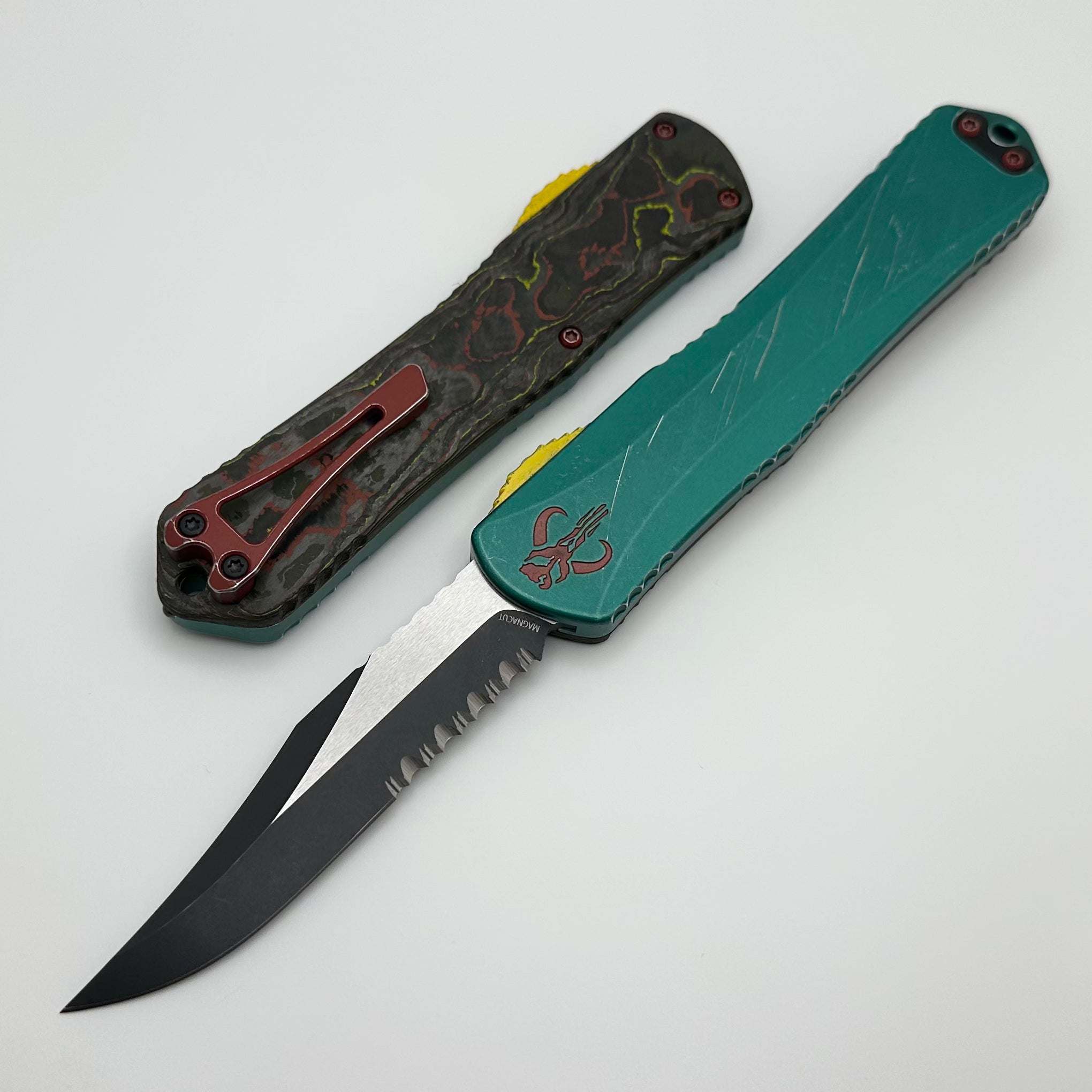 Heretic Knives Manticore X Bounty Hunter: Premium Two-Tone Serrated Bowie OTF Knife