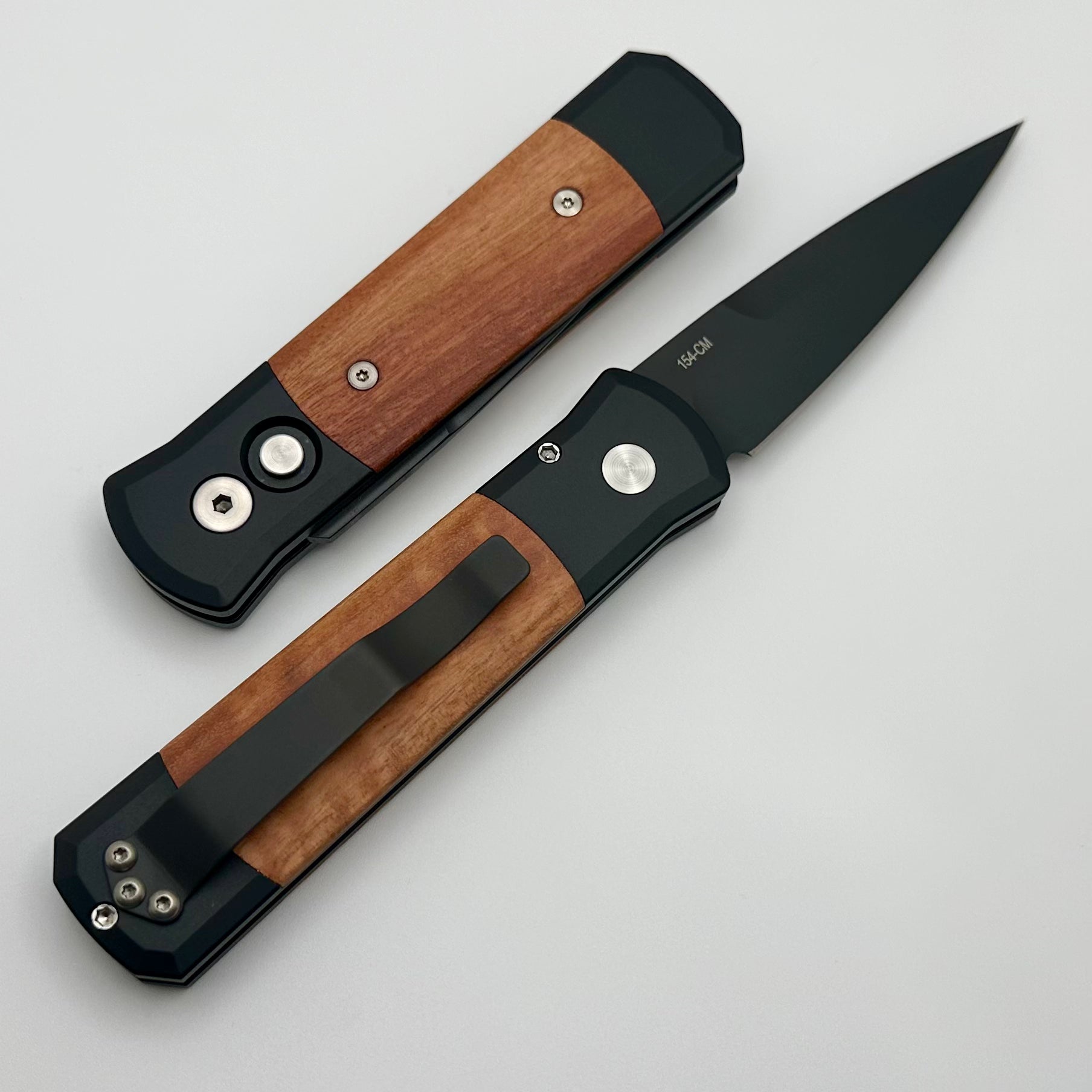 Premium Pro-Tech Godson Automatic Knife - Red Ironbark Eucalyptus Wood Inlays & Black 154-CM Blade