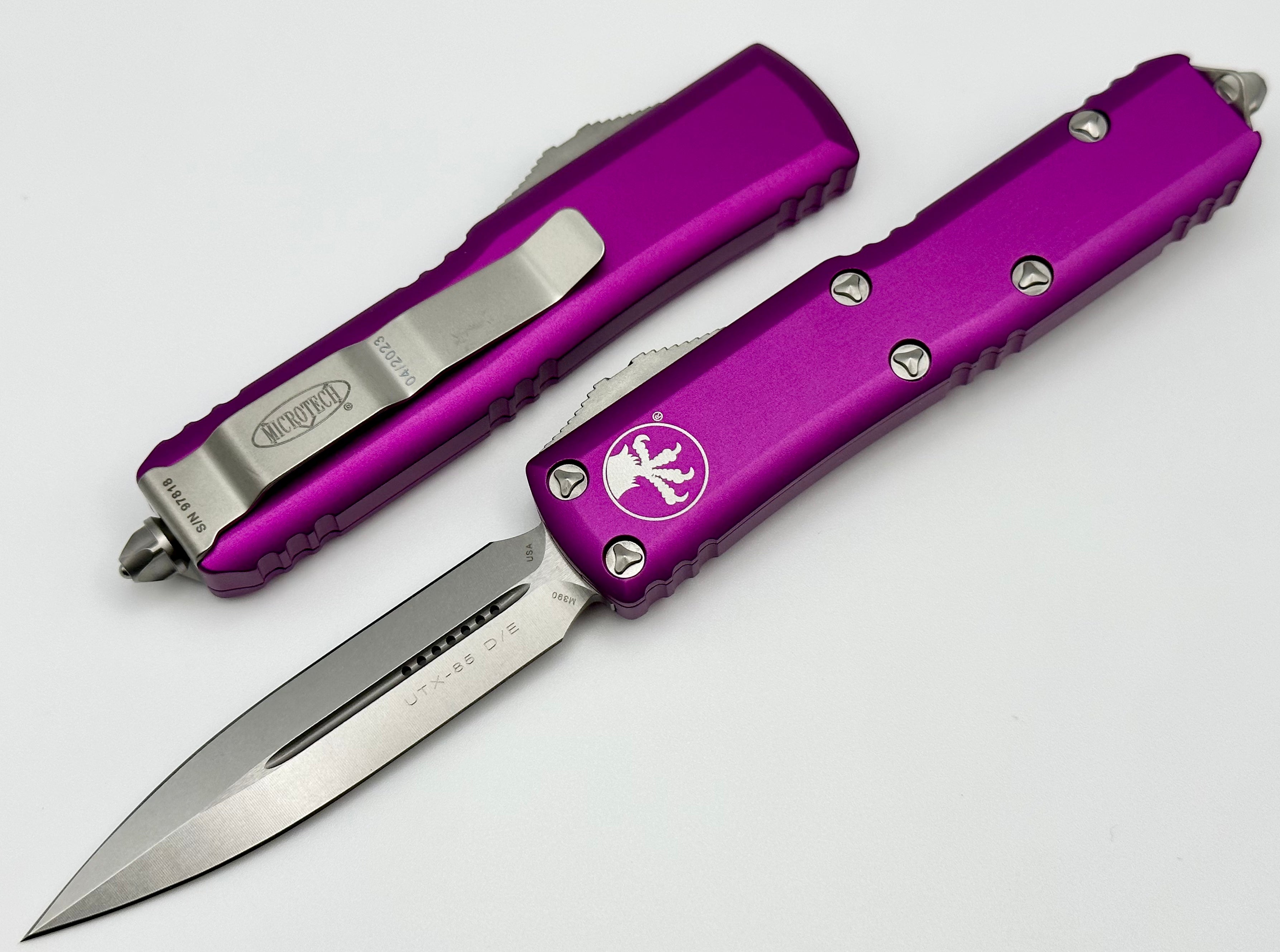 Microtech UTX-85 Premium Double Edge EDC Knife - Stonewash & Violet