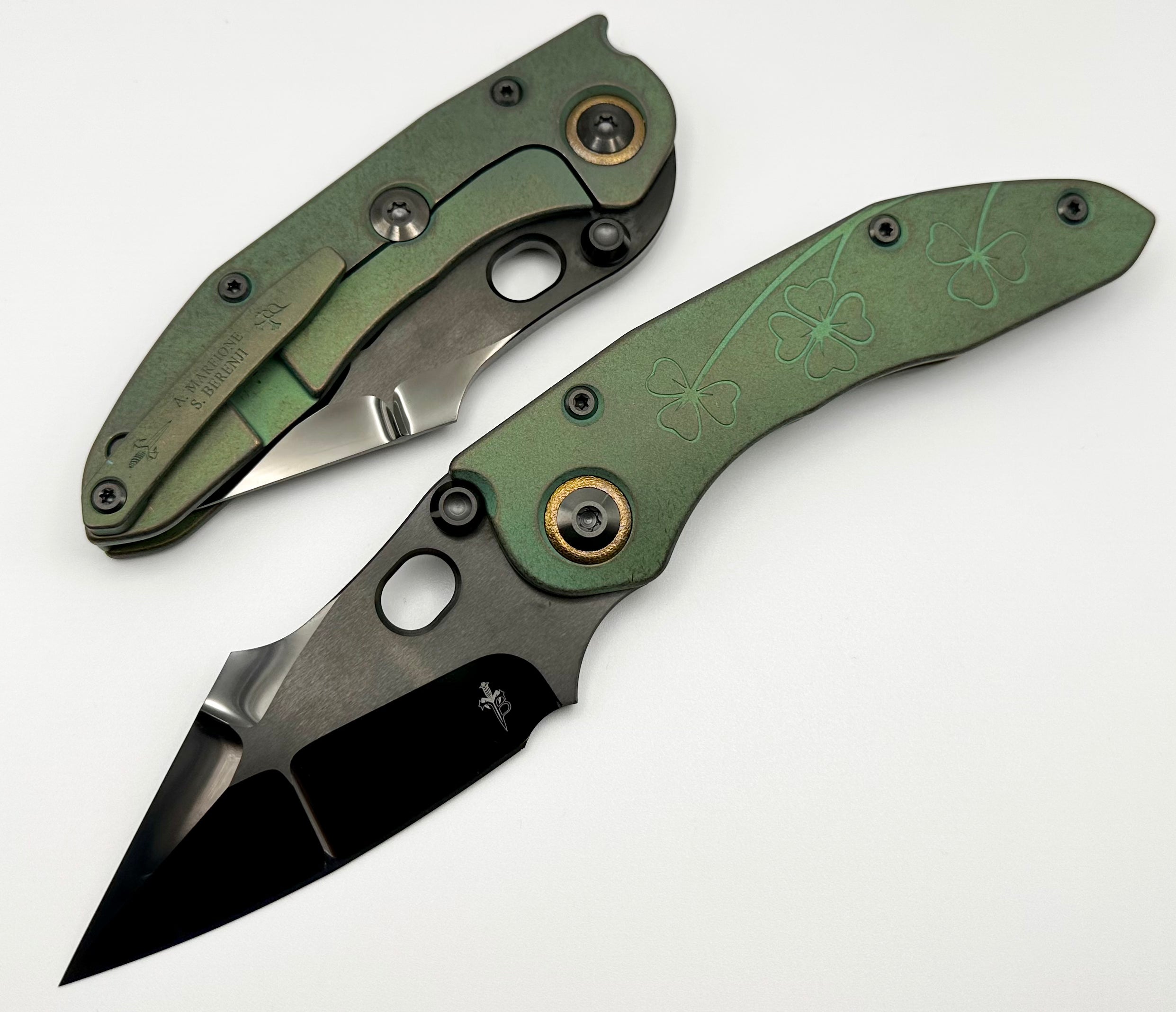 Premium Marfione Custom Knives & Borka Blades Antique Green Lucky Stitch - Limited Edition M390 Blade