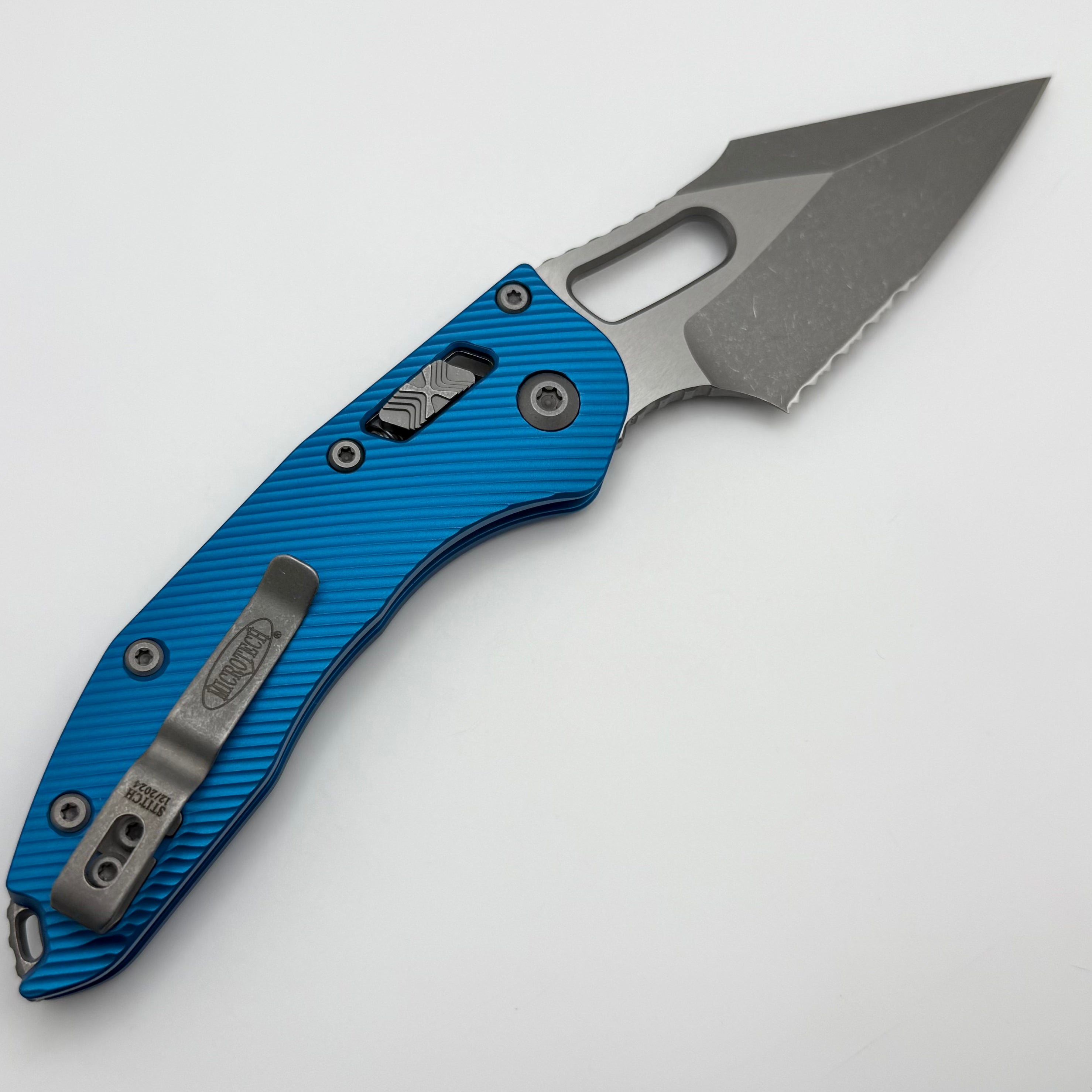 Premium Microtech Stitch RAM LOK Knife - Blue Aluminum, Serrated M390MK Blade