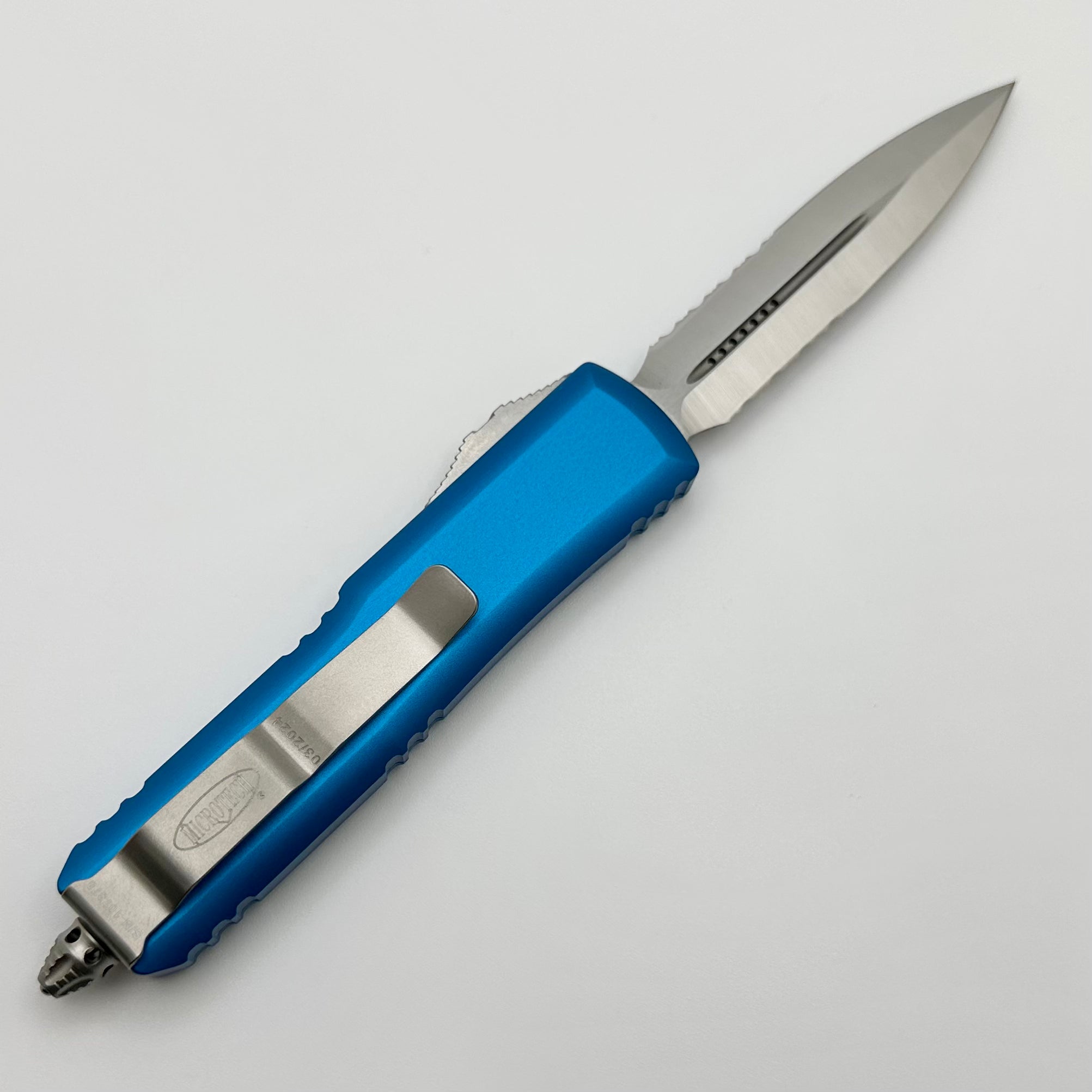 Premium Microtech UTX-85 Tactical Knife - Satin Double Edge with Blue Handle