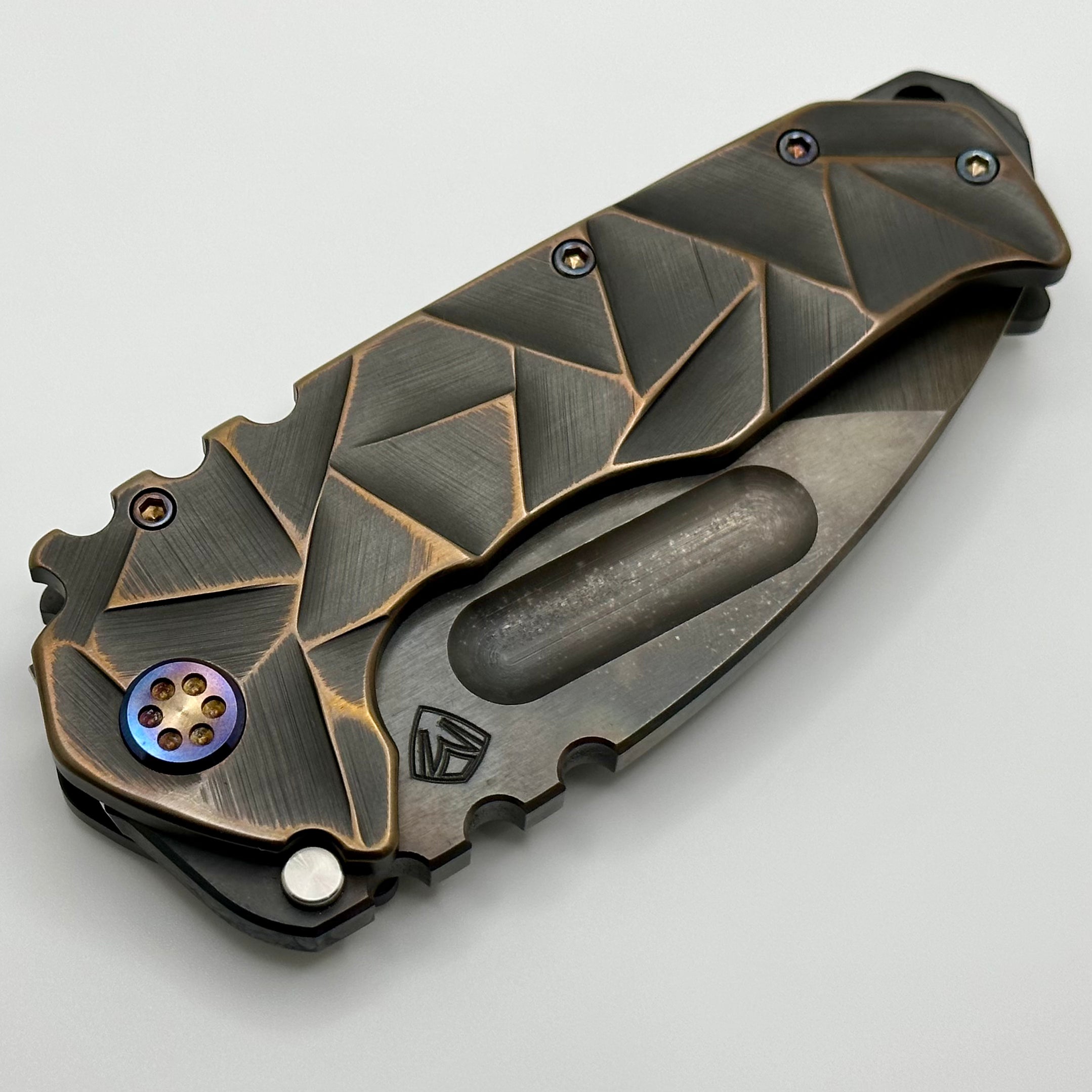 Medford Knife Praetorian TI 3V Vulcan Drop Point - Premium Tactical Folding Knife with Black/CuRose Stained Glass Design & Flamed Hardware