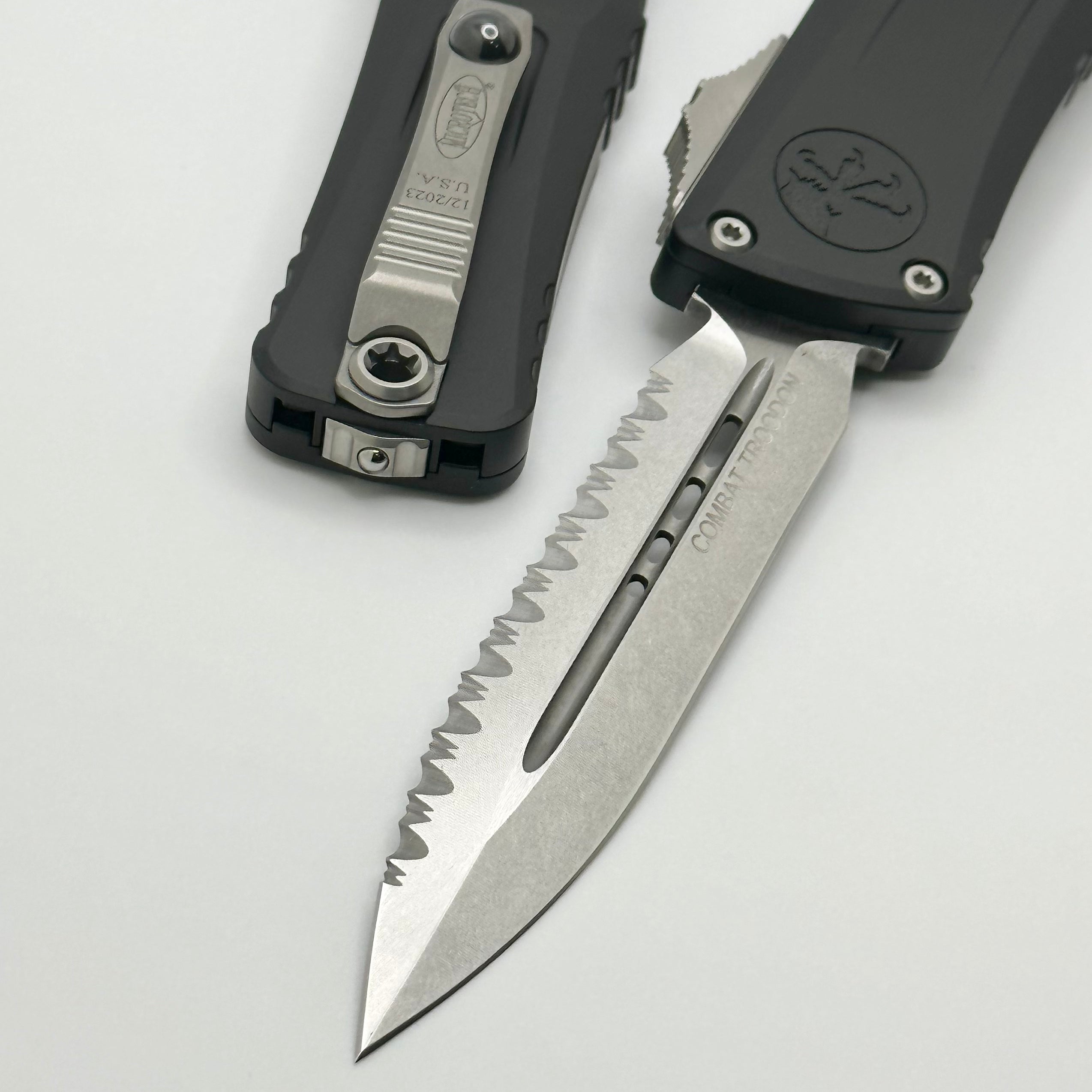 Premium Microtech Combat Troodon Gen III OTF Knife - Full Serrated Double Edge, Black Handle