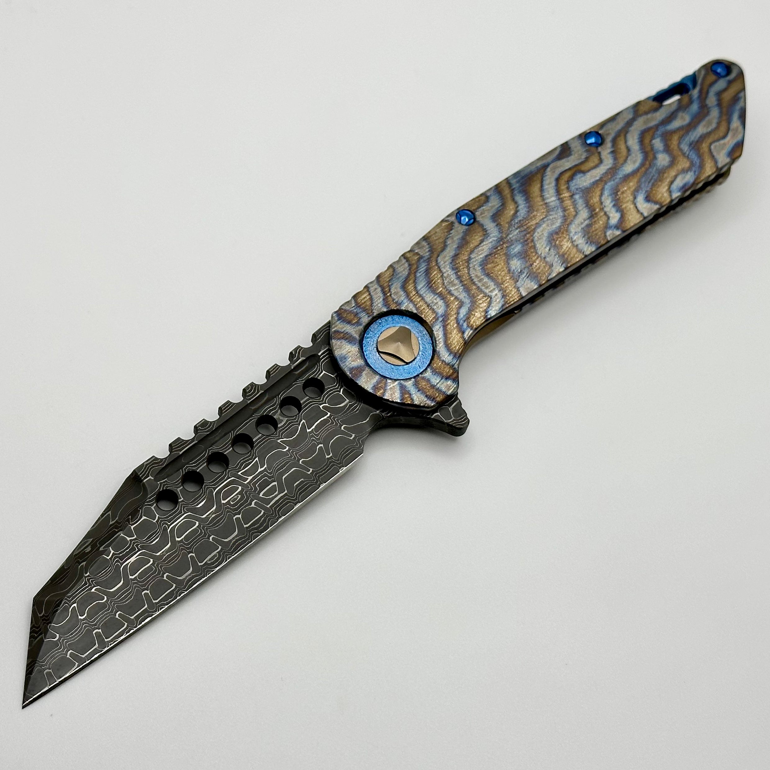 Premium Marfione Custom Warhound Titanium Knife with Blue Ti Hardware & Vegas Forge Reptilian Damascus Blade