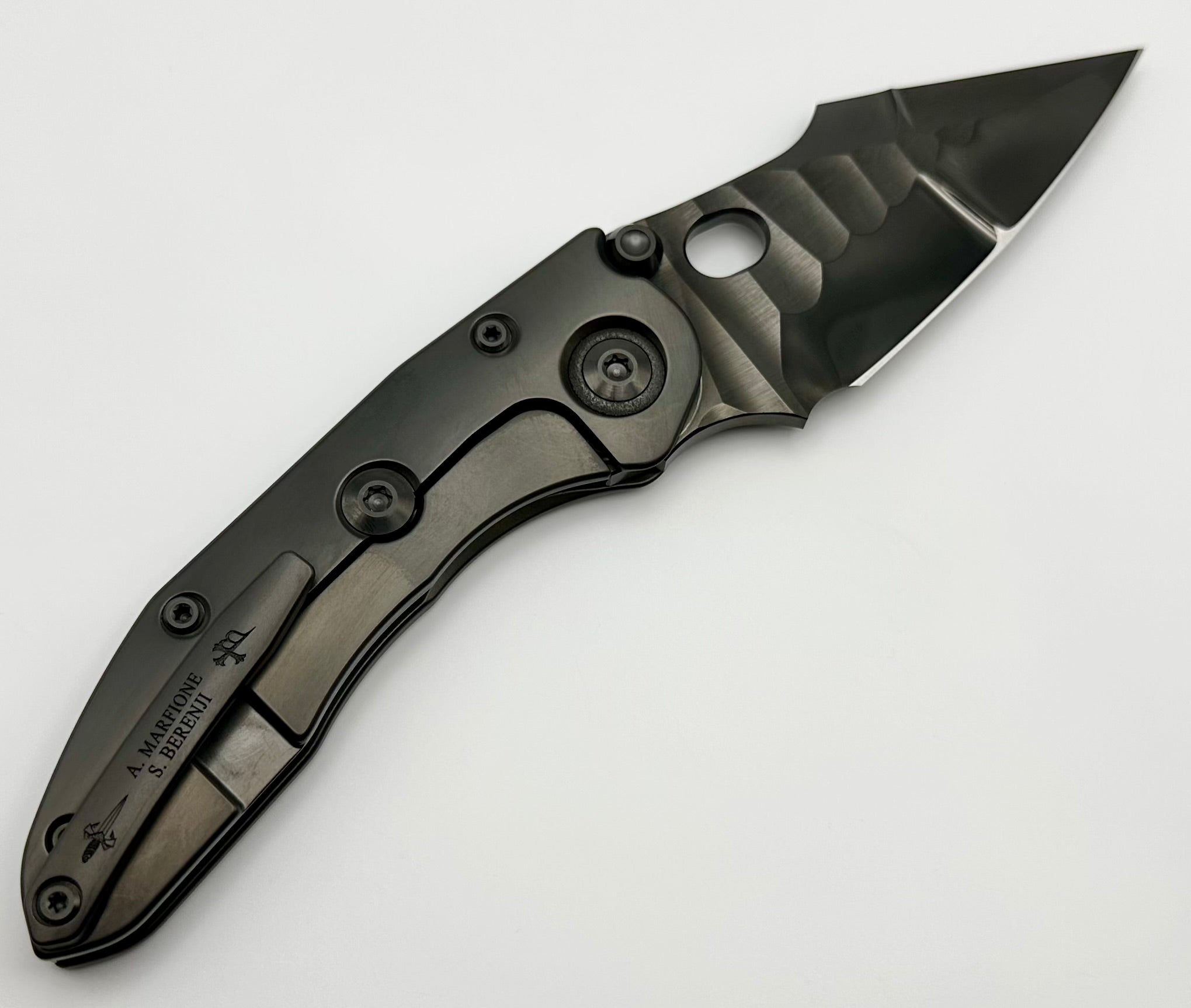 Premium Marfione Custom Knives & Borka Blades Darkstar Stitch - Diamond Wash & Rocked Double Star Grind M390, Two Tone Satin/DLC, Peso Gold Carbon Fiber Inlaid Titanium (Pre-Owned)