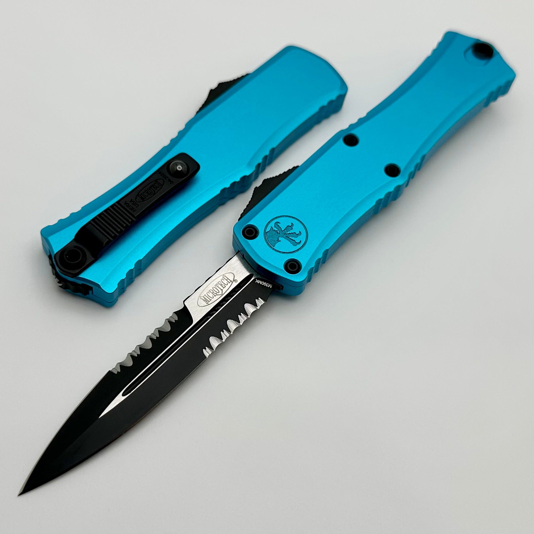 Premium Microtech Mini Hera OTF Knife - Turquoise with Partial Serrated Blade