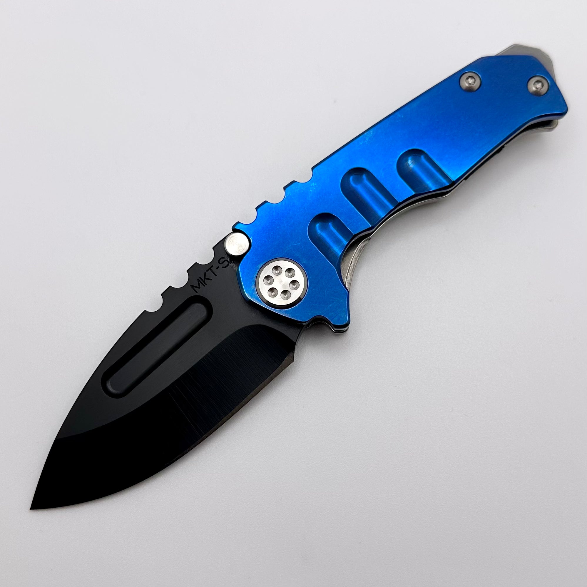 Premium Medford Micro Praetorian T - Compact PVD S35 Drop Point Knife with Blue/Tumbled Handles