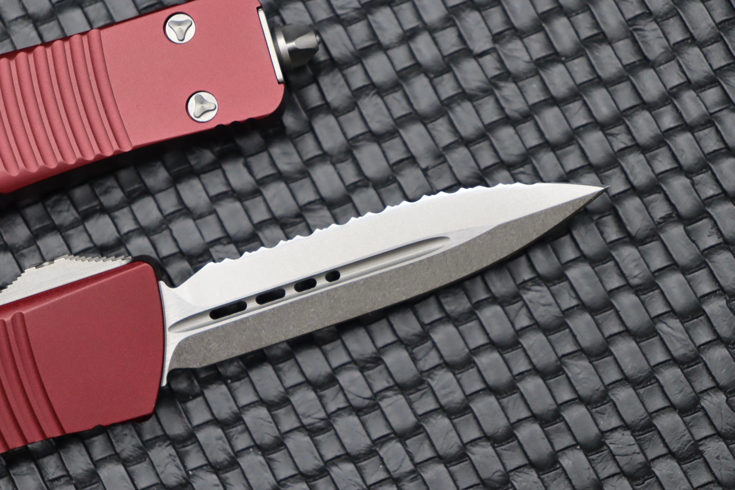 Premium Microtech Troodon Double Edge Knife - Stonewash Finish & Merlot Handle