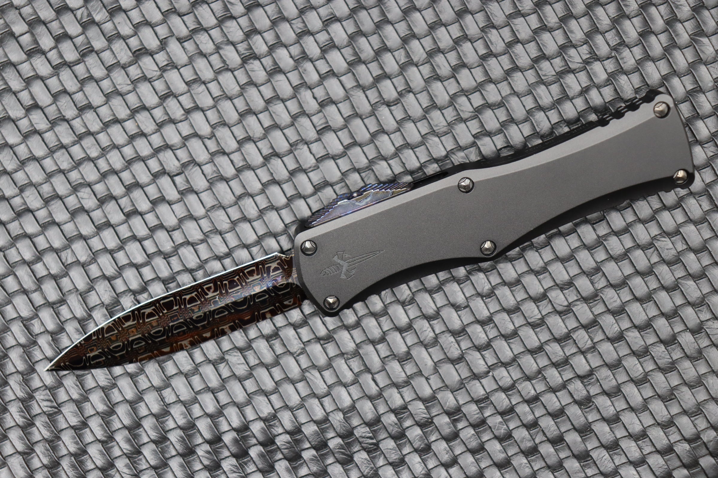 Premium Marfione Hera D/E Spike Knife - Vegas Forge Reptilian Damascus & Black Anodized Handle