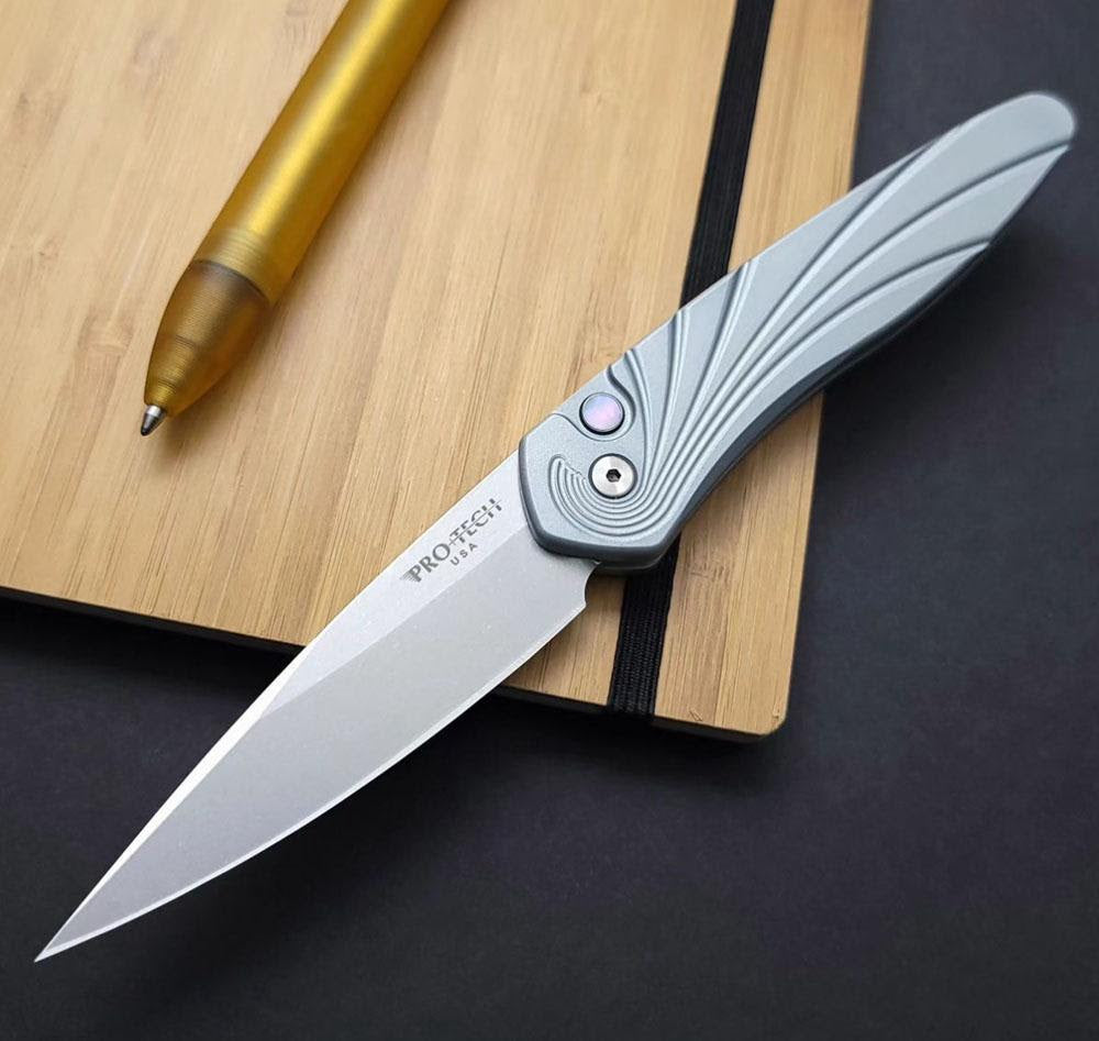 Premium Pro-Tech Newport Special Knife: Grey Aluminum Handle with 3D Wave & Mother of Pearl Button