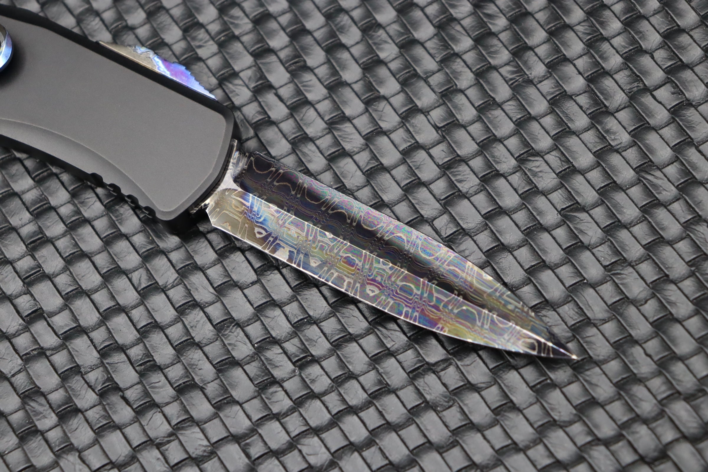 Premium Marfione Hera D/E Spike Knife - Vegas Forge Reptilian Damascus & Black Anodized Handle