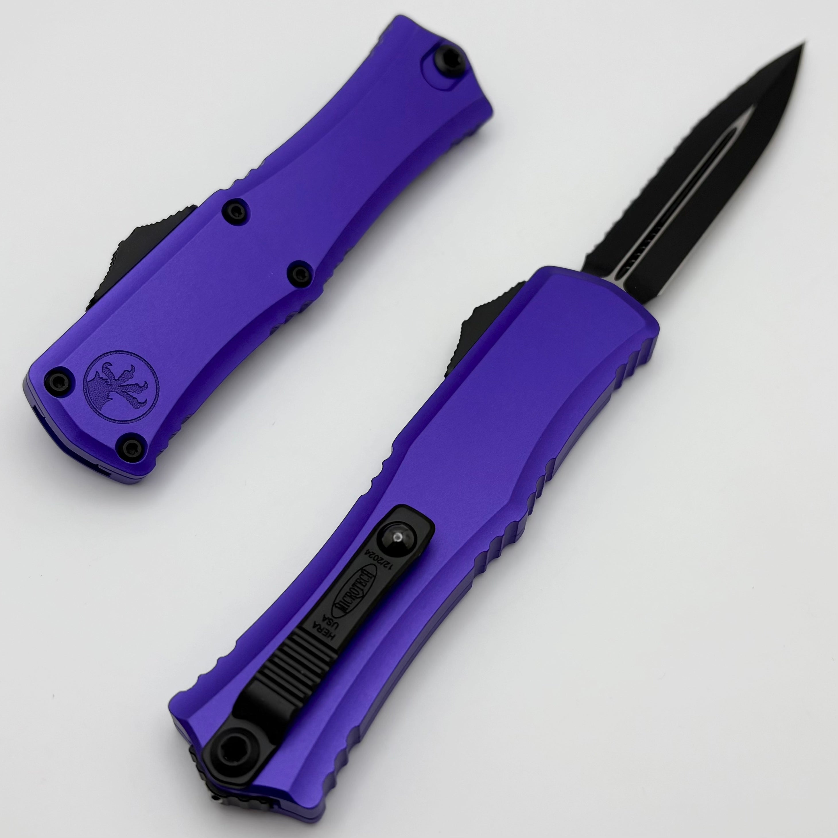 Microtech Knives Premium Mini Hera - Black Serrated Blade with Purple Handle