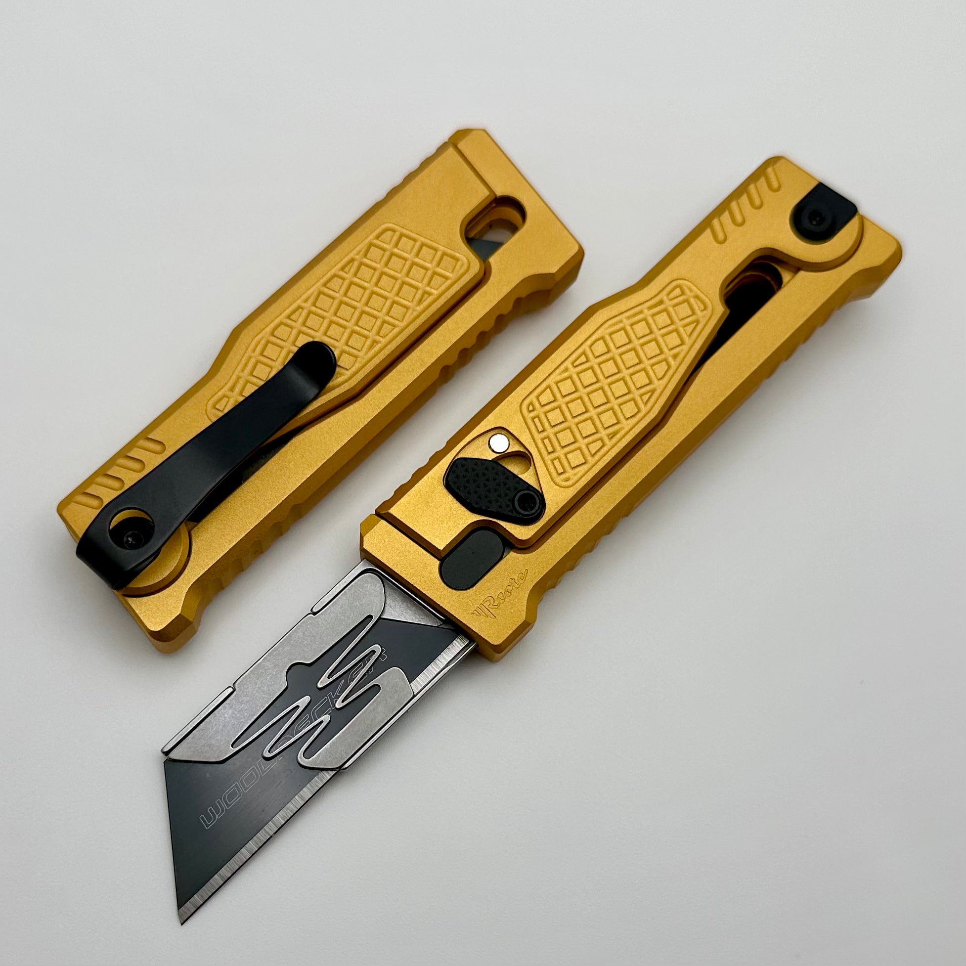 Reate EXO-U Premium Utility Knife with Diamond Pattern Yellow Aluminum Handle