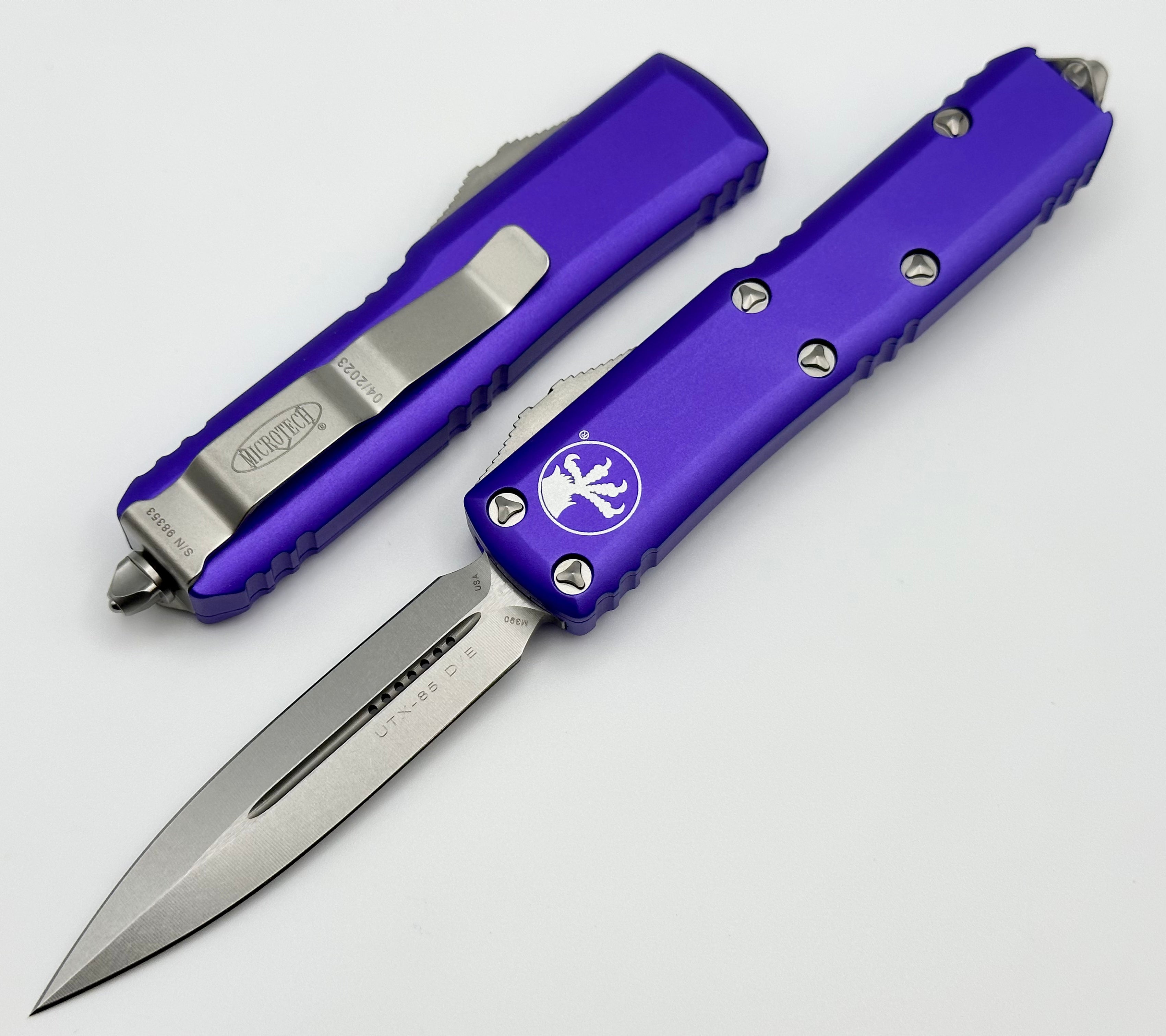 Premium Microtech UTX-85 Double Edge Tactical Knife - Stonewash & Purple Finish