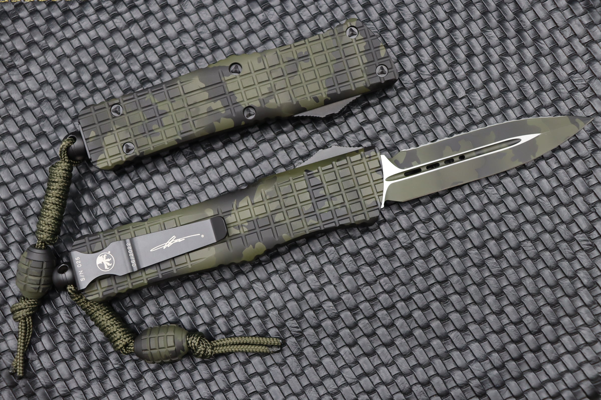 Microtech Combat Troodon OD Green Frag Camo - Premium Tactical OTF Knife with Double Edge Full Serration