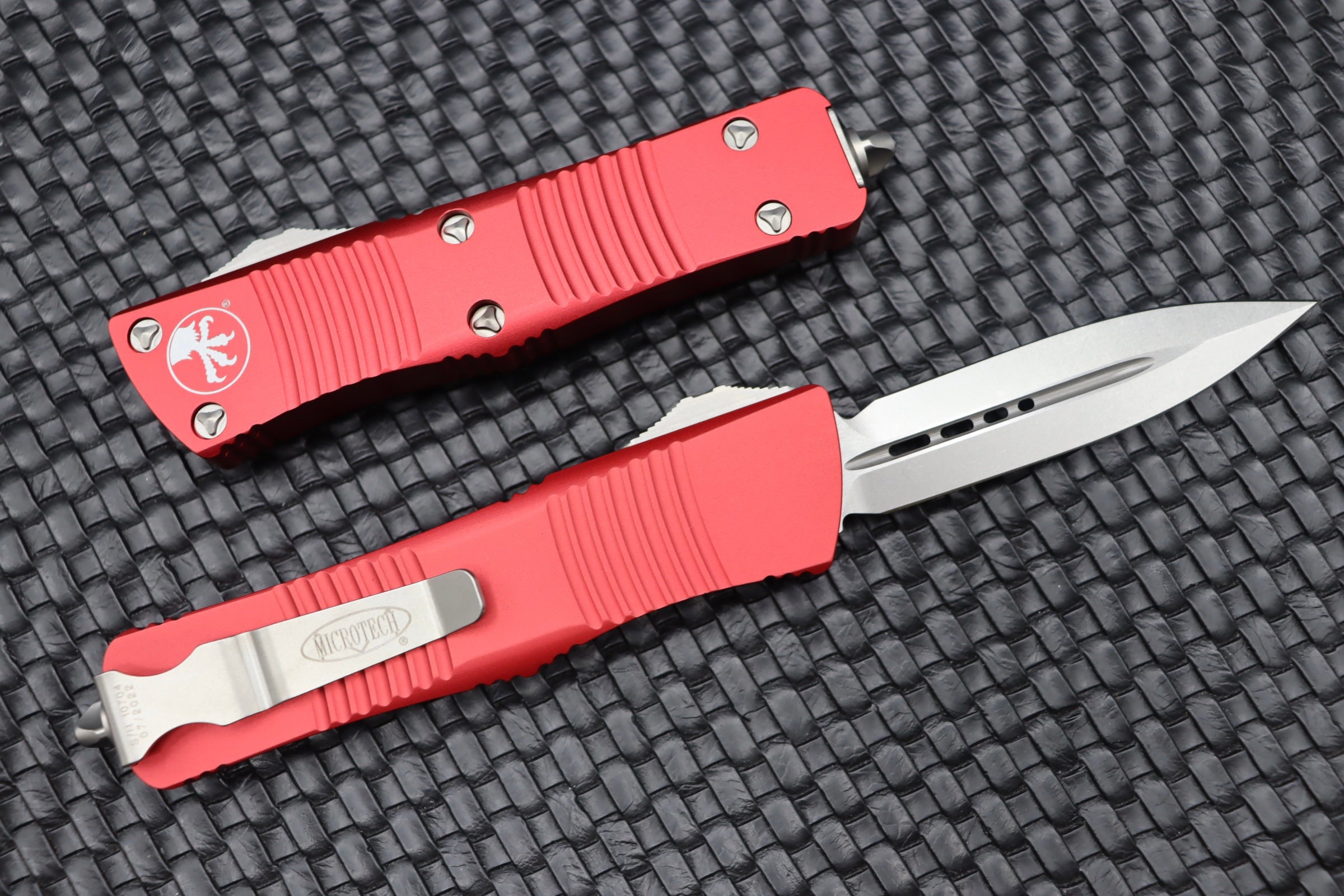 Microtech Troodon Stonewash Premium Double Edge Knife with Red Accents