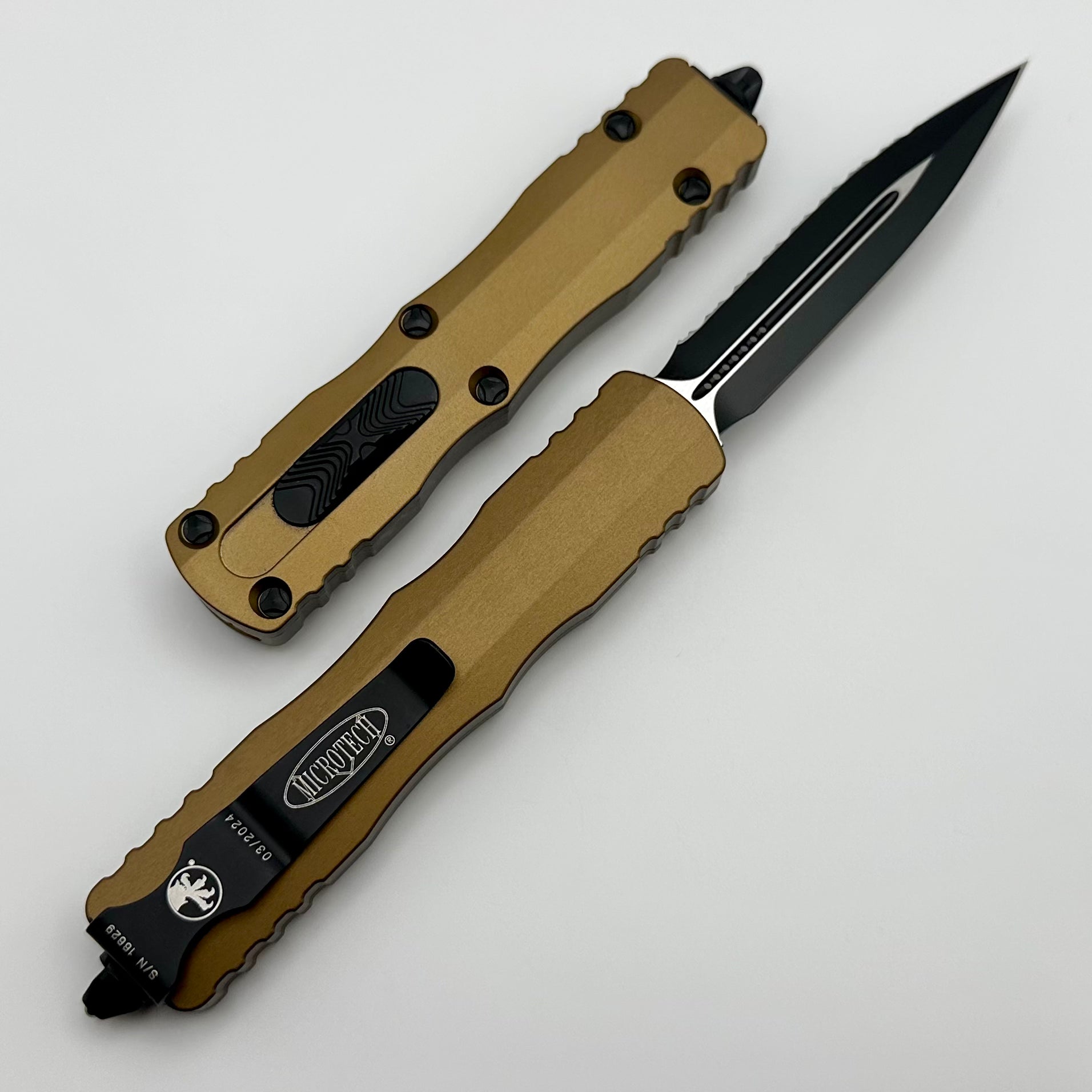 Microtech Dirac Double Edge Tactical Knife - Black Full Serrated & Tan Finish