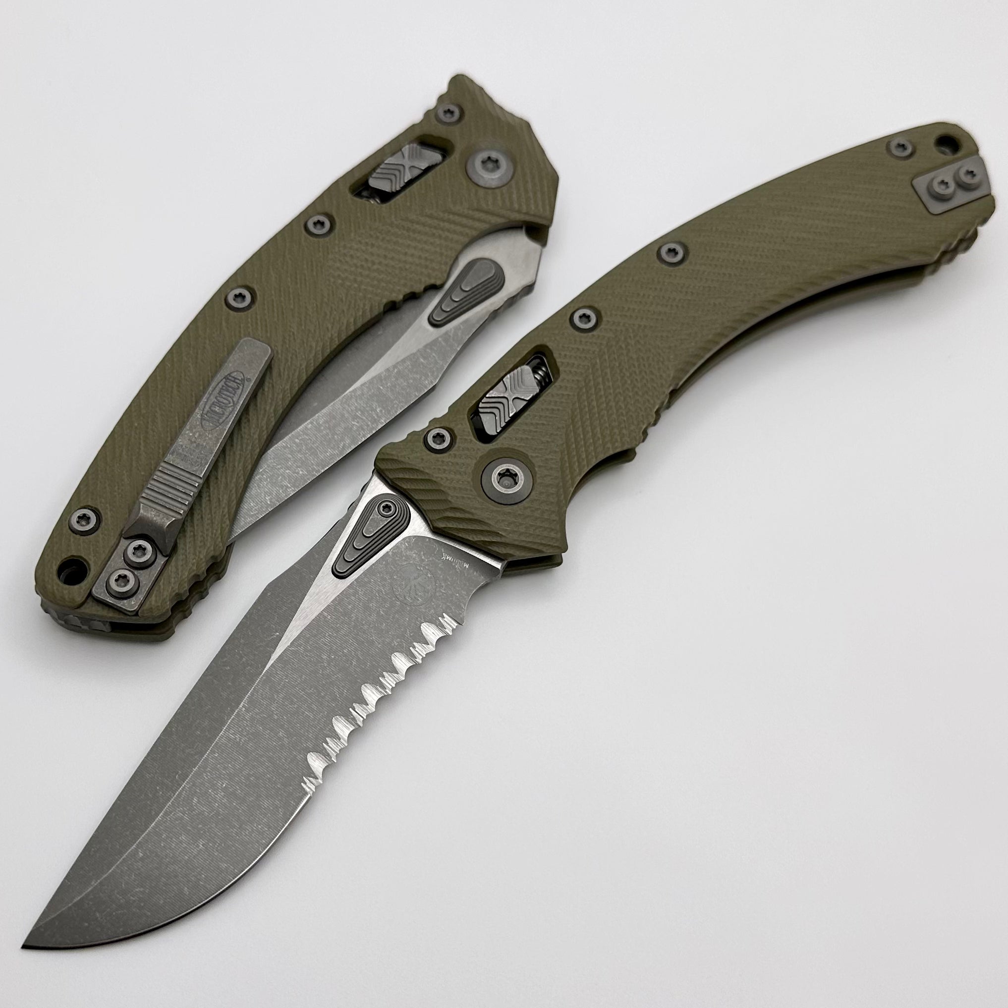 Microtech Amphibian RAM LOK Premium Tactical Knife - OD Green Fluted G-10 & Apocalyptic M390MK Blade