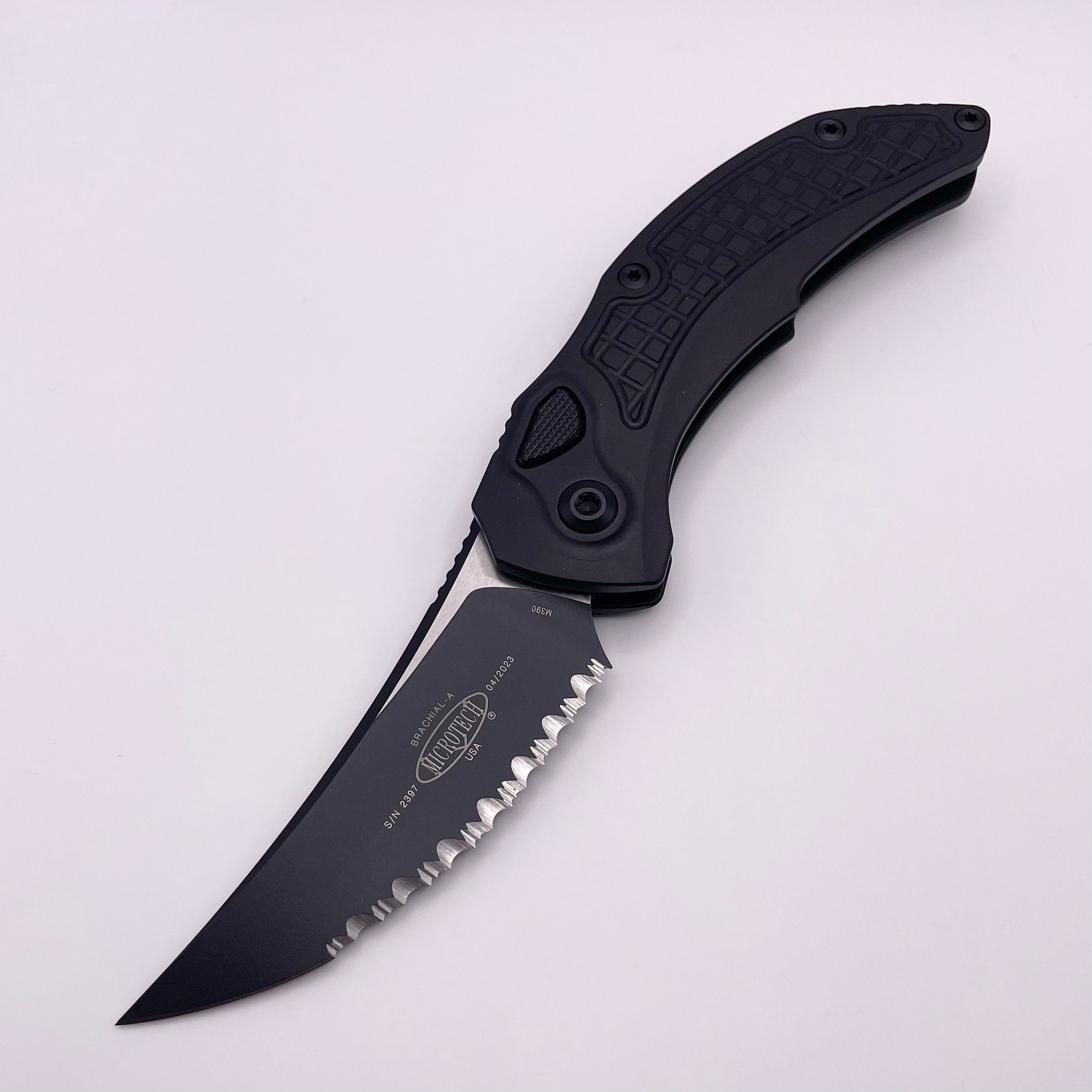 Premium Pre-Owned Microtech Brachial Black Tactical Knife - Full Serrated