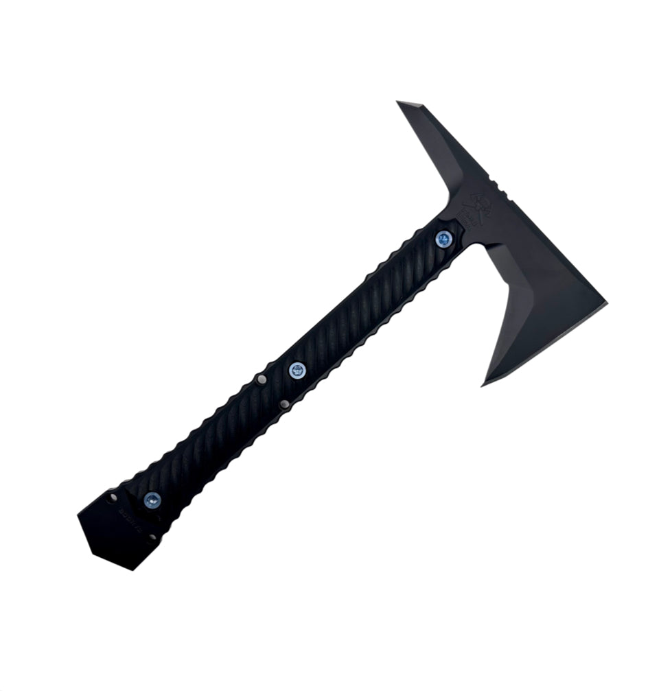 Premium RMJ Tactical Ragnarok 12 Blackout Tomahawk with Blue Hardware - Ultimate Tactical Tool