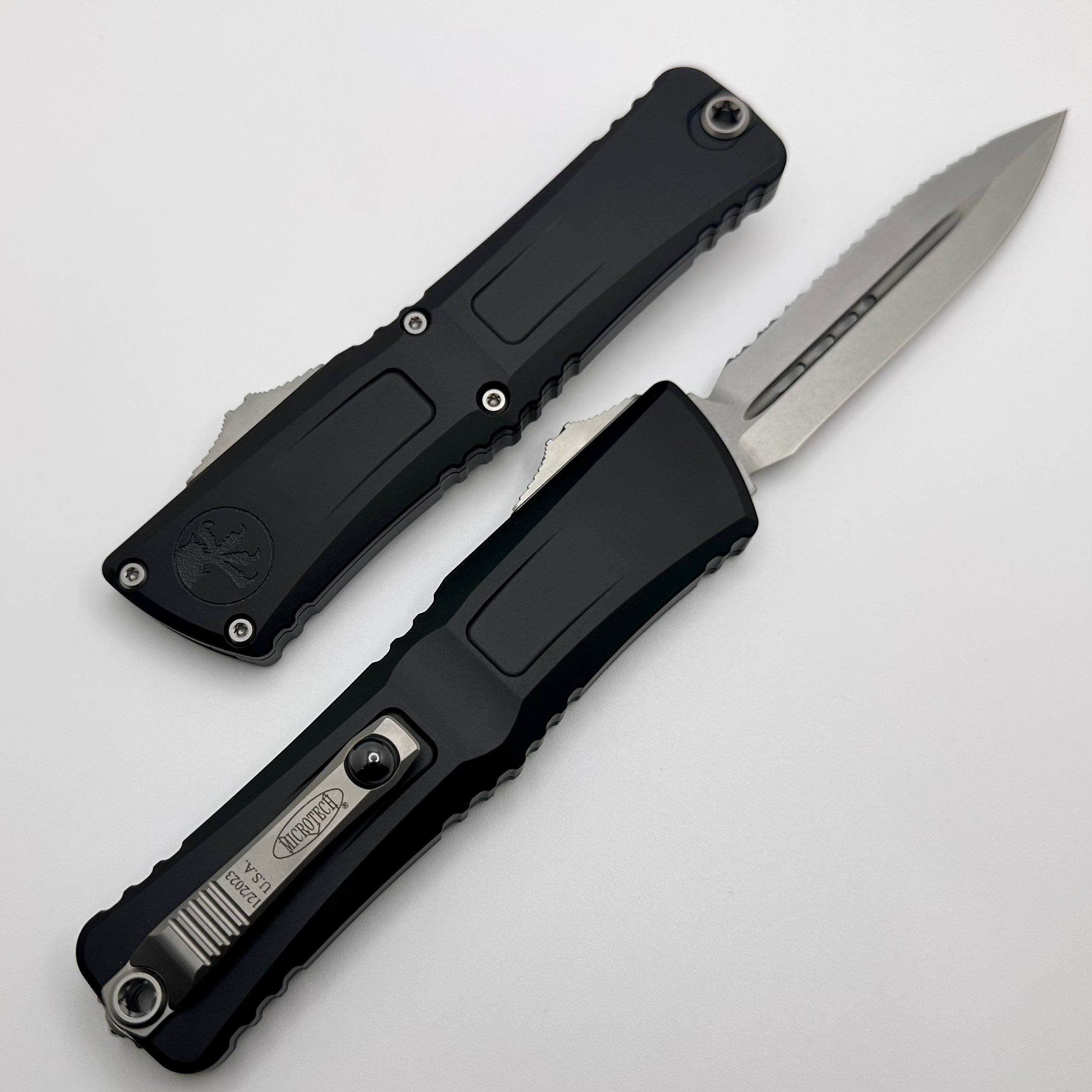 Premium Microtech Combat Troodon Gen III OTF Knife - Full Serrated Double Edge, Black Handle