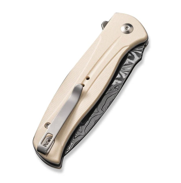 Civivi Incendie Premium Button Lock Flipper Knife with Ivory/White G-10 Handles & Damascus Blade