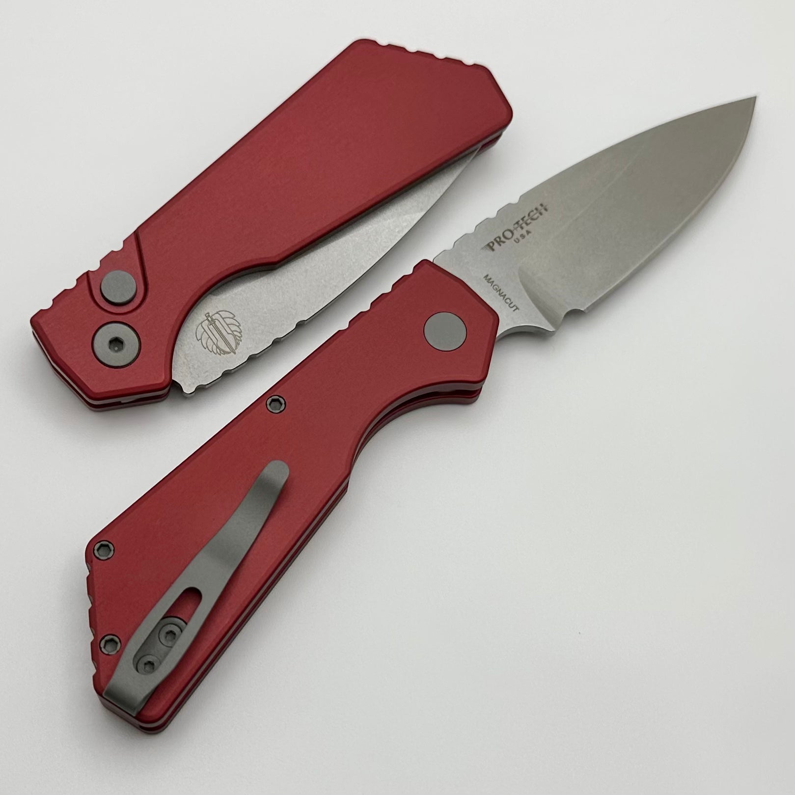 Premium Pro-Tech PT Plus Folding Knife - Red Aluminum Handle & Stonewash MagnaCut Blade