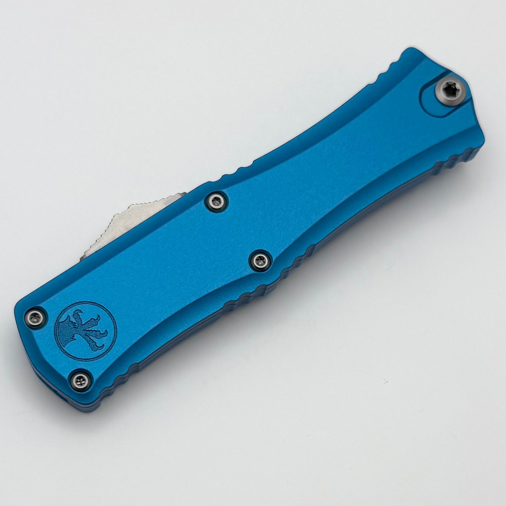 Microtech Mini Hera Satin D/E Serrated EDC Knife - M390MK Steel, Blue Aluminum Handle